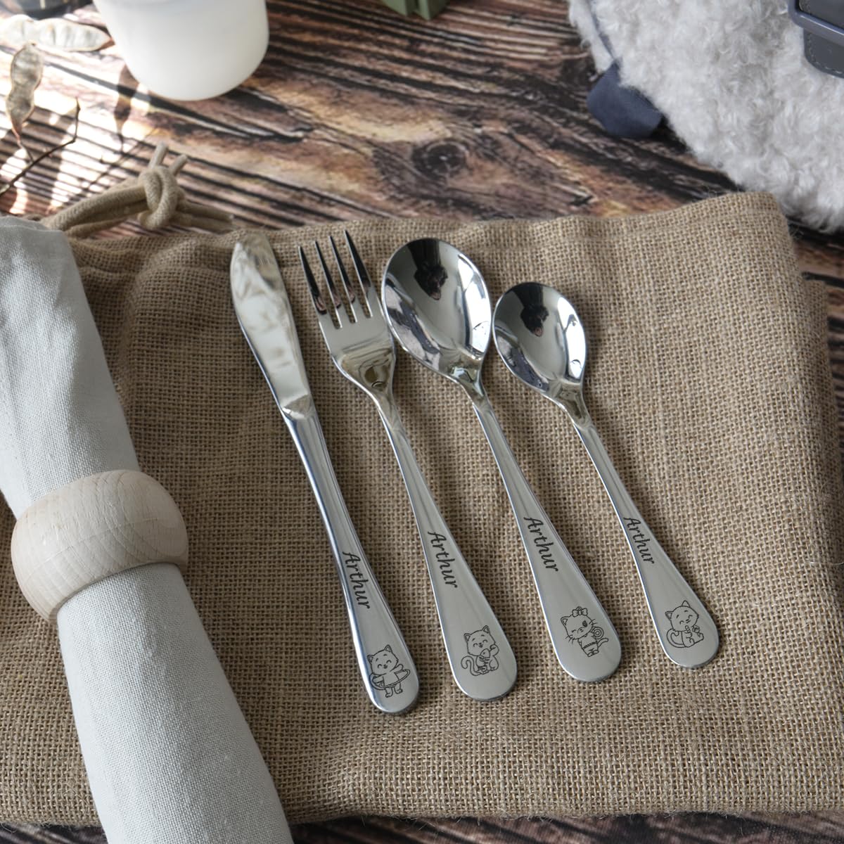 Posate Per Bambini Personalizzate Con Gatti - Set 4 Pezzi In Acciaio Inox, Incisione Gratuita - Foto 9