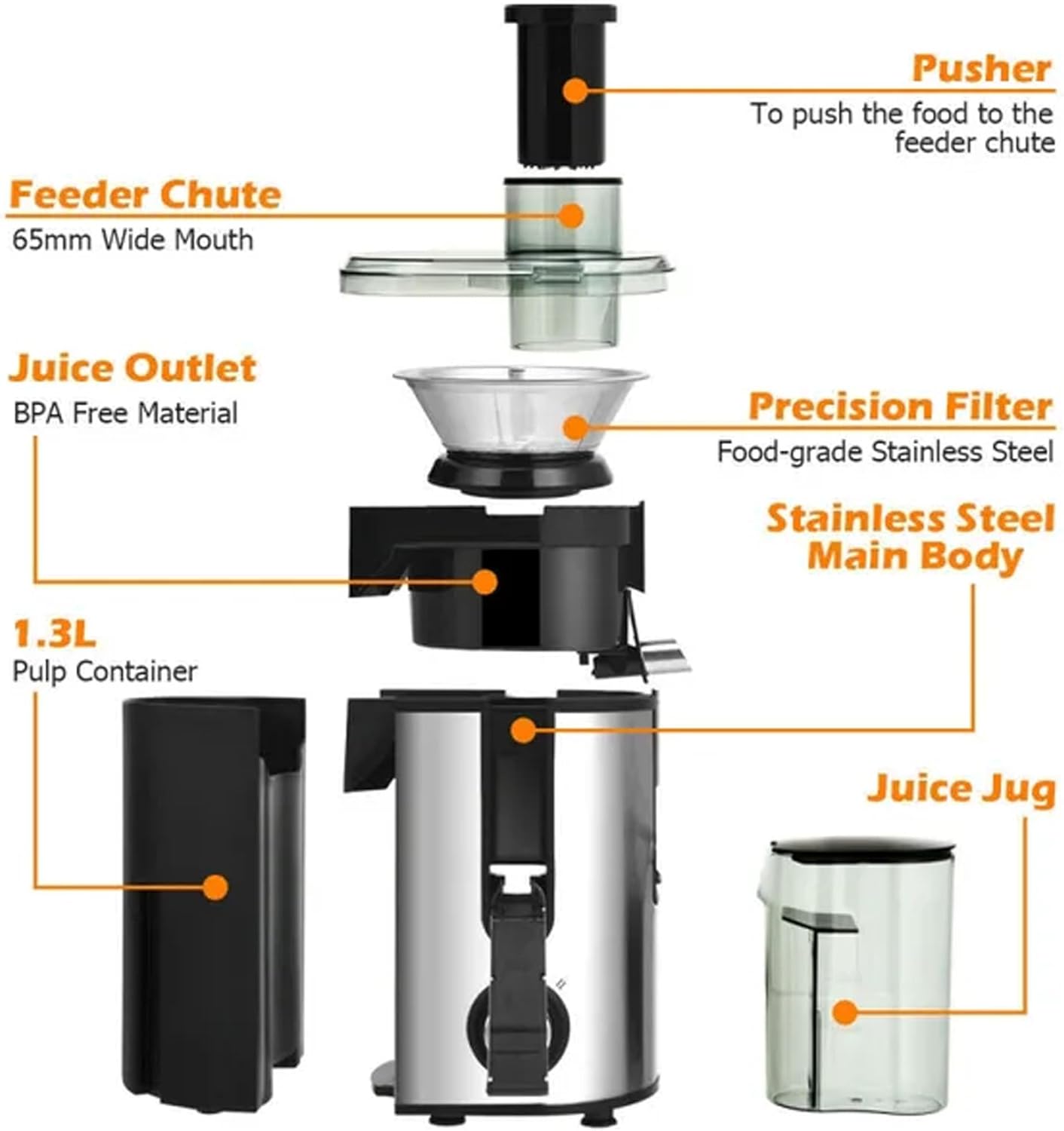 Centrifugal Juicers, Dual Speeds Juice Maker Machine with 2.5" Feed Chute, Compact Juice Extractor for Vegetables/Fruits, 400W, Stainless Steel (Black-1)