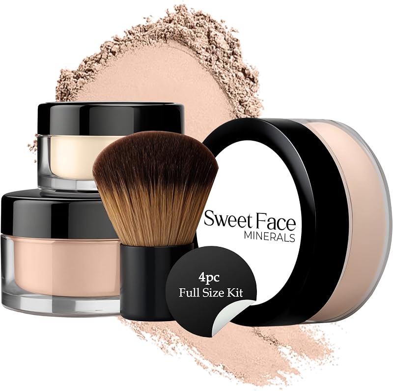 4pc Full Size Kit (Light) Mineral Makeup Matte Translucent Loose Foundation + Kabuki Brush + Concealer + Finishing Setting Powder + Bare Face Full Coverage SPF 30 All Skin Types Waterproof
