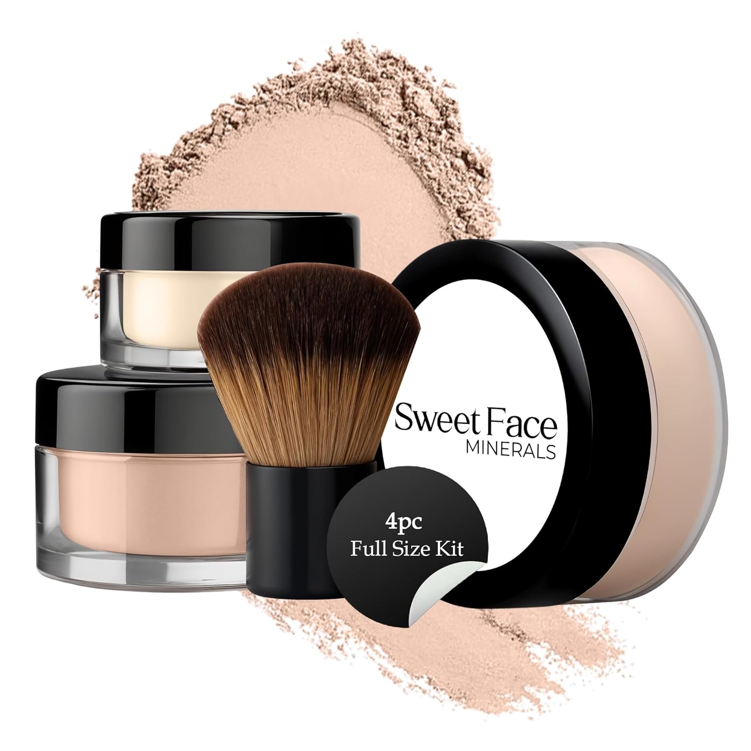 4pc Full Size Kit (Light) Mineral Makeup Matte Translucent Loose Foundation + Kabuki Brush + Concealer + Finishing Setting Powder + Bare Face Full Coverage SPF 30 All Skin Types Waterproof