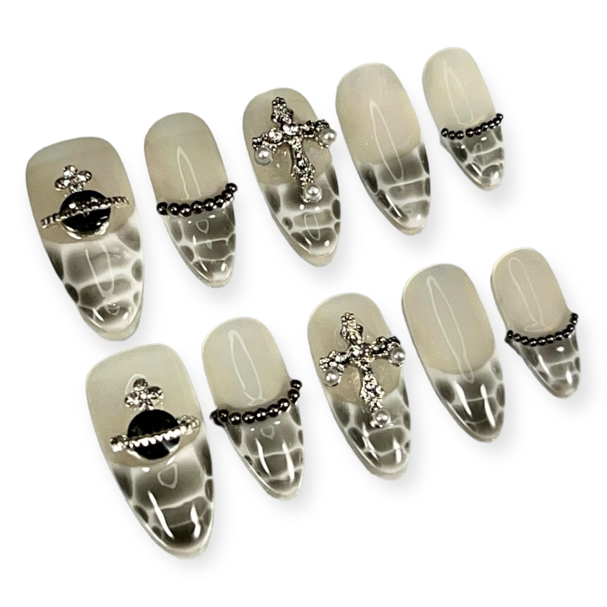 NeonNyx Luxury Handmade Press On Nails Kit - Reusable Salon-Quality Handmade Nails - 3D Acrylic Fake Nails with Glue & Adhesives - Noir Elegance (Small)