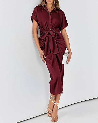 Miniatura 7 de BTFBM Vestidos camiseros para mujer, con botones, manga corta, satén, fruncido, maxi vestido de verano 2026, cóctel, fiesta, invitada de boda