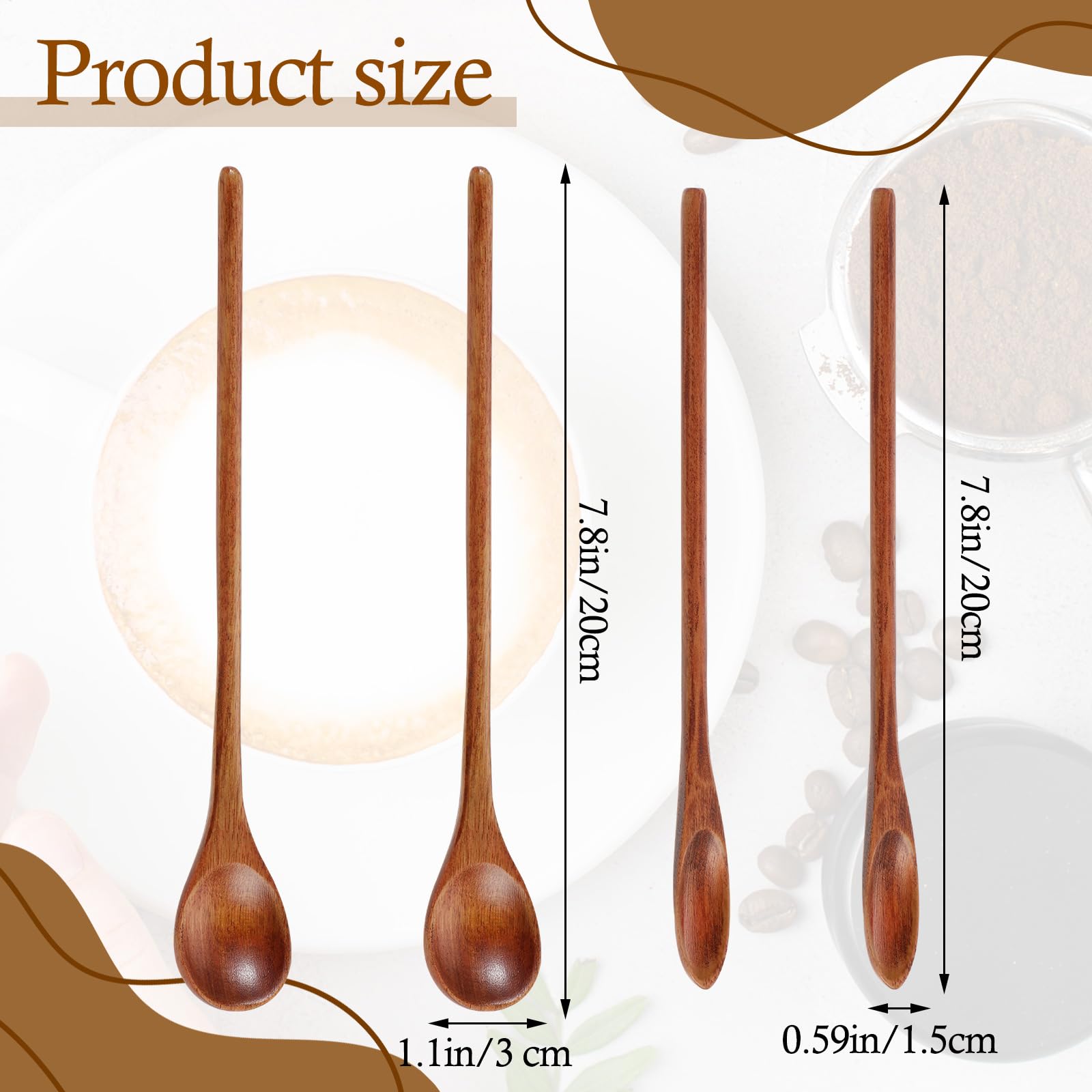 Set Di 4 Cucchiai Lunghi In Legno - 20 Cm - Per Miele, Tè, Caffè, Cucina E Bar - Marrone, Finitura Liscia