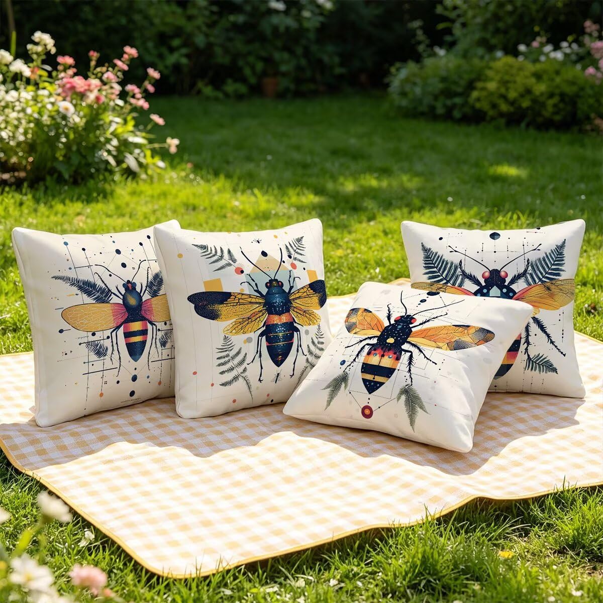 Federe Cuscino Divano 60x60, Beige Cuscini per Divano da Esterno Set da 4, Lino Copricuscini Divanos Impermeabile, Copri Cuscini Calabrone Motivo Fronte Retro Stampato per Giardino, Sofá, Balcón, F-21