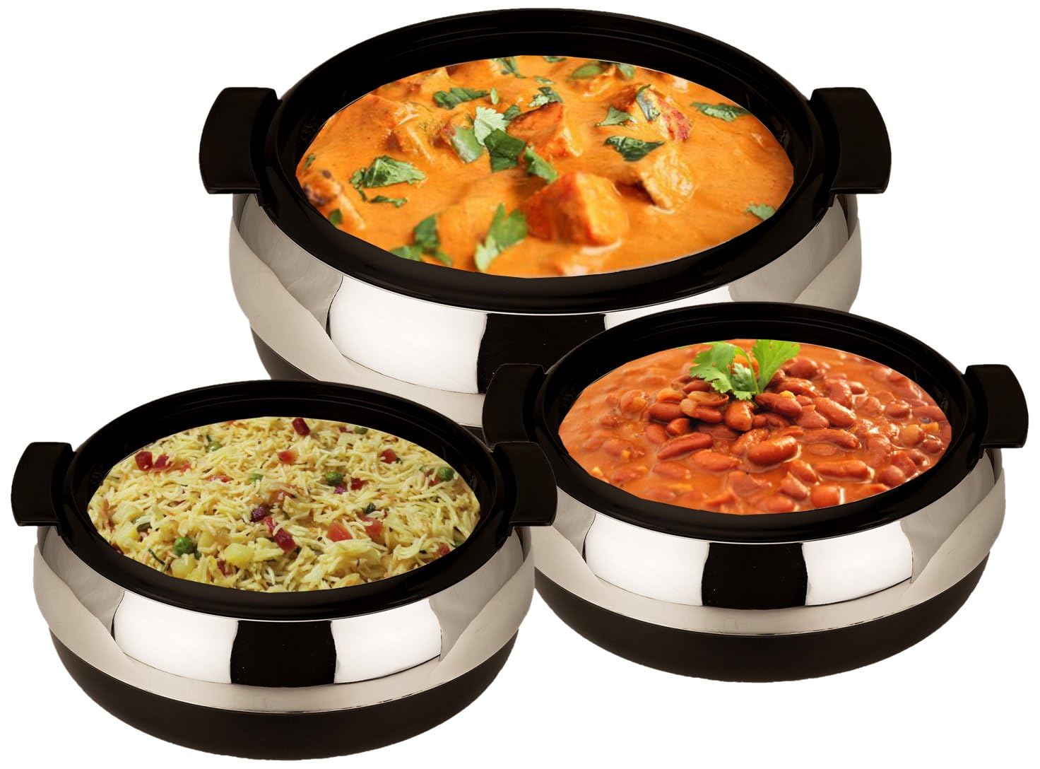 Jaypee Glasserol Serving Casserole Set of 3 Inner Stainless Steel Toughened Glass Lid PUF Insulated Hot Box | Roti Box | Easy to carry | Food Grade | Stackable | 800,1200,1700 ml, Black