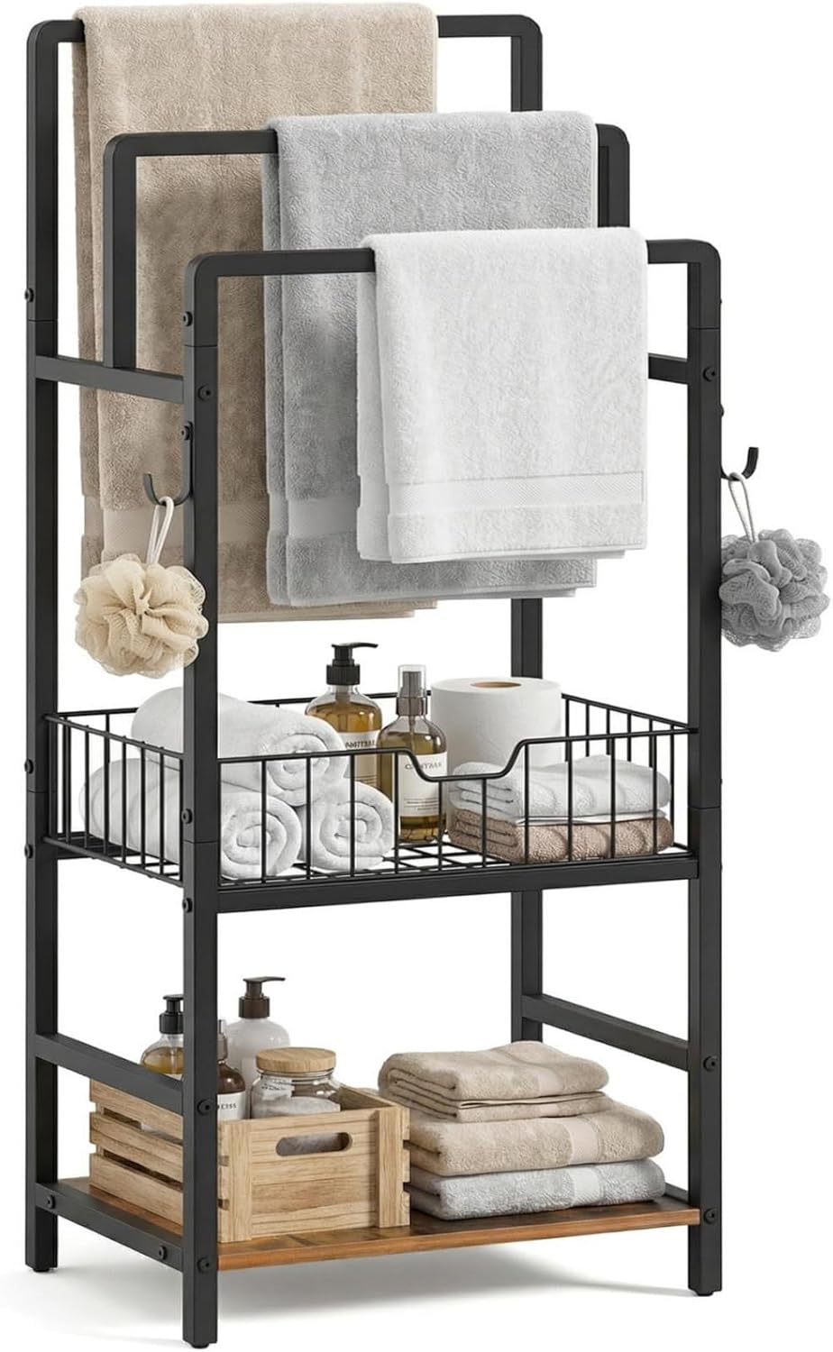 HOOBRO Free Standing Towel Rack, Blanket Rack with 3 Towel Bars, Storage Basket and Shelf, Towel Holder with Hook, Blanket Organizer, for Bathroom and Laundry, White and Natural WN13LB01