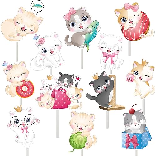 24 adornos para cupcakes de gato, miau, gatito, decoración de fiesta, lindos adornos para cupcakes de gatos de dibujos animados para gatitos, baby