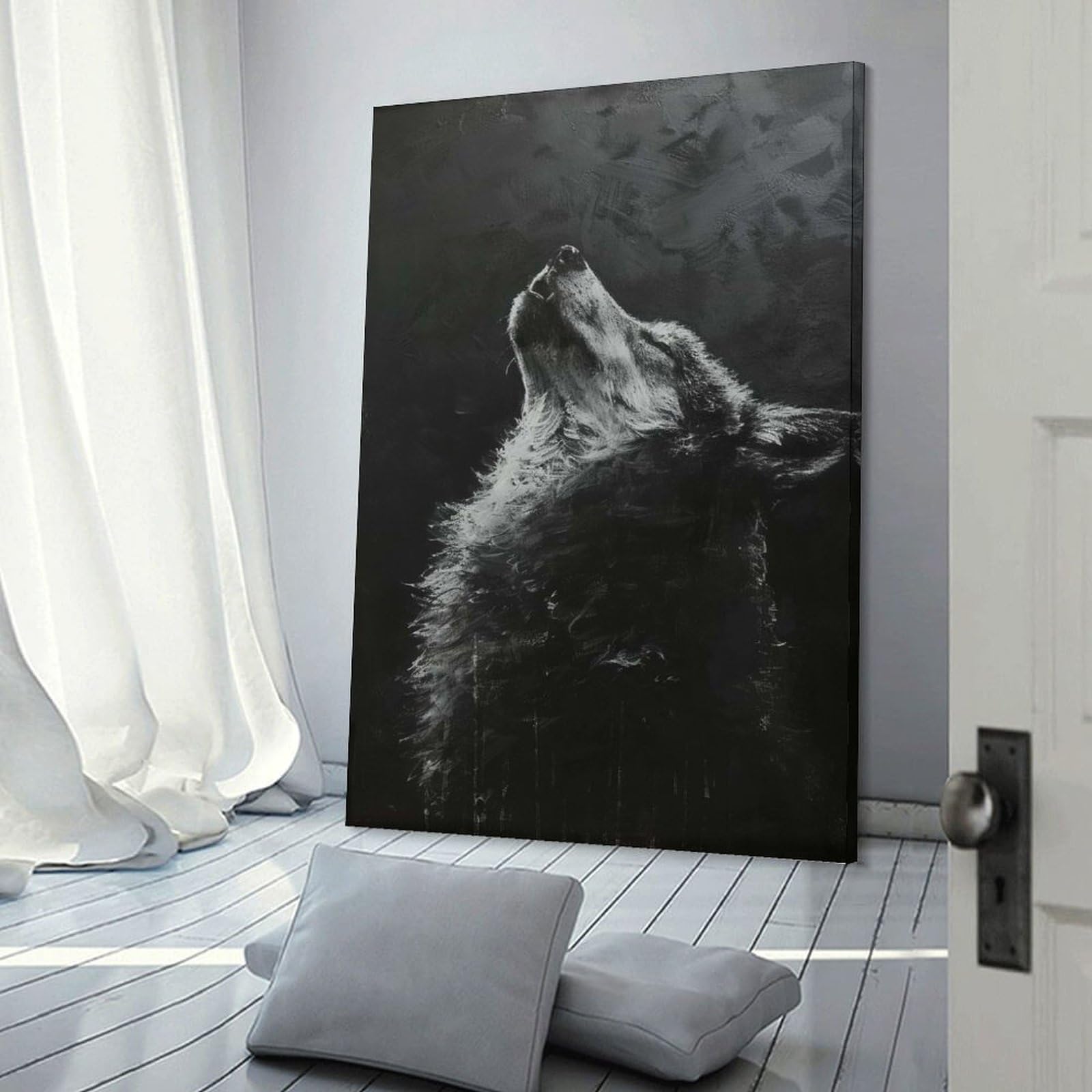 Junmoney Frame-Style-4-1 Canvas Art Print Howling Wolf In Darkness, 20X30inch(50X75cm), For Office, Study Or Home Workspace, Home Office Artwork With Decorative Appeal