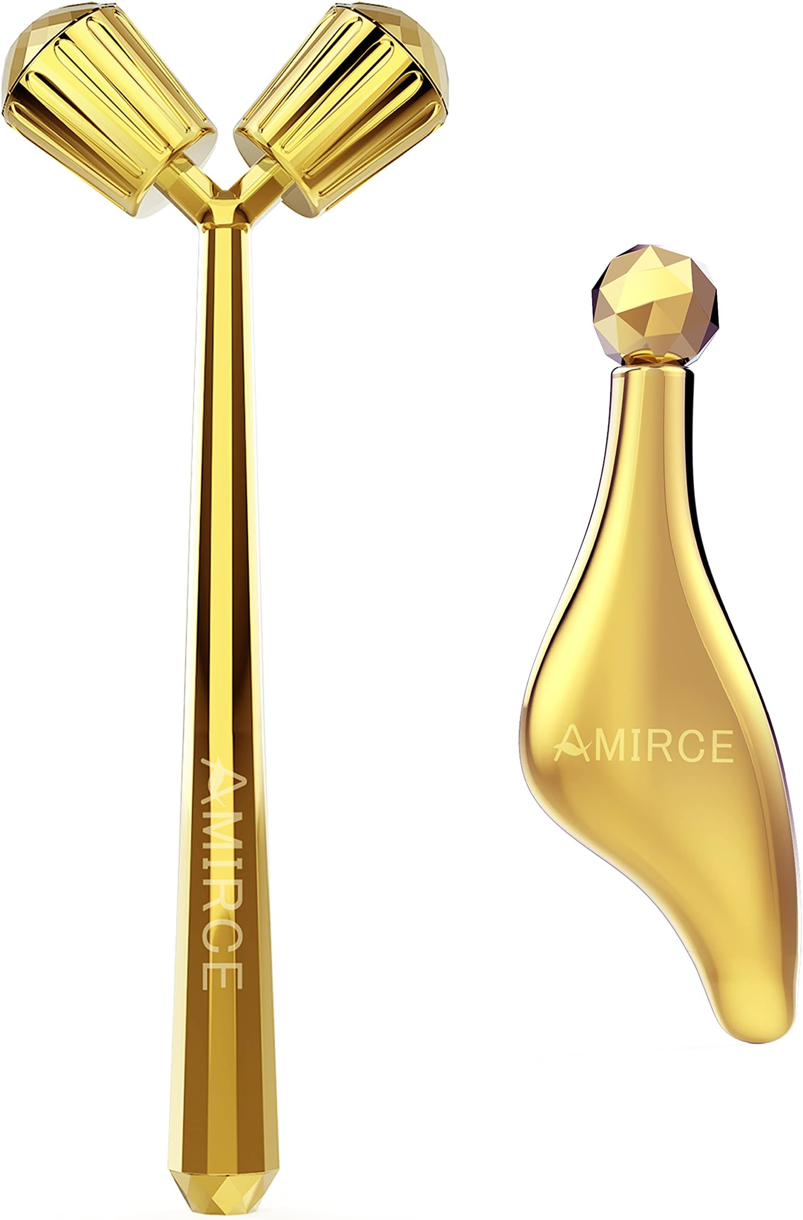 Amirce Face Massager Roller, 3D Roller Facial Massager and Gua Sha Massage Roller Tool Set for Women, Facial Skin Care Tools (Gold)
