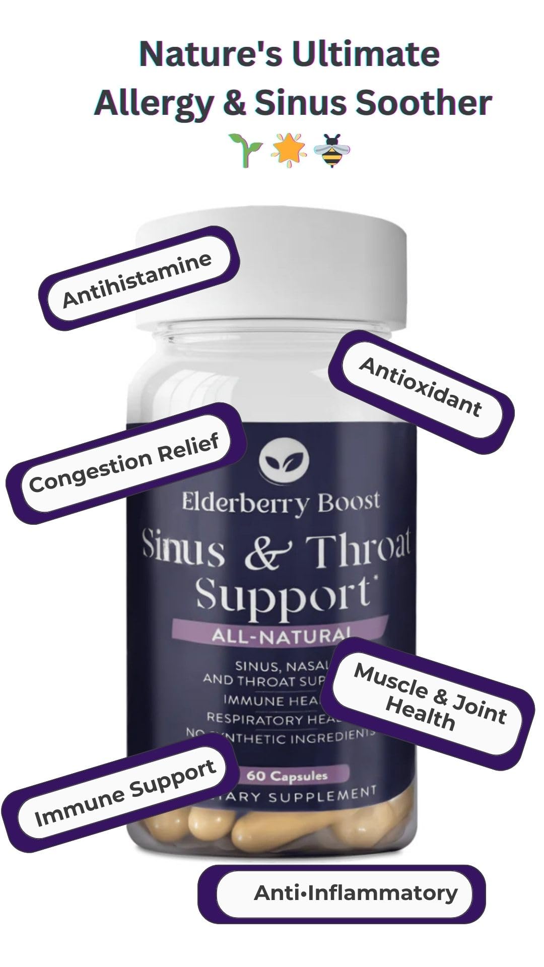 Elderberry Boost Sinus & Throat Support Capsules – Supports Healthy Histamine Levels, Seasonal Congestion & Scratchy Throat Comfort – with Quercetin, Bromelain & Nettle Leaf – 60 Capsules — Amazon image 3