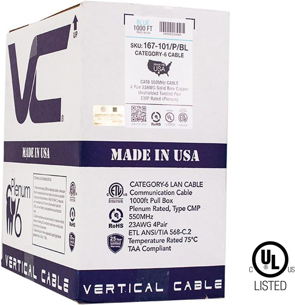Vertical Cable CAT6, 550 MHz, UTP, 23AWG, 8C Solid Bare Copper, Plenum, 1000ft, Blue, Bulk Ethernet Cable, Made in USA, UL Listed