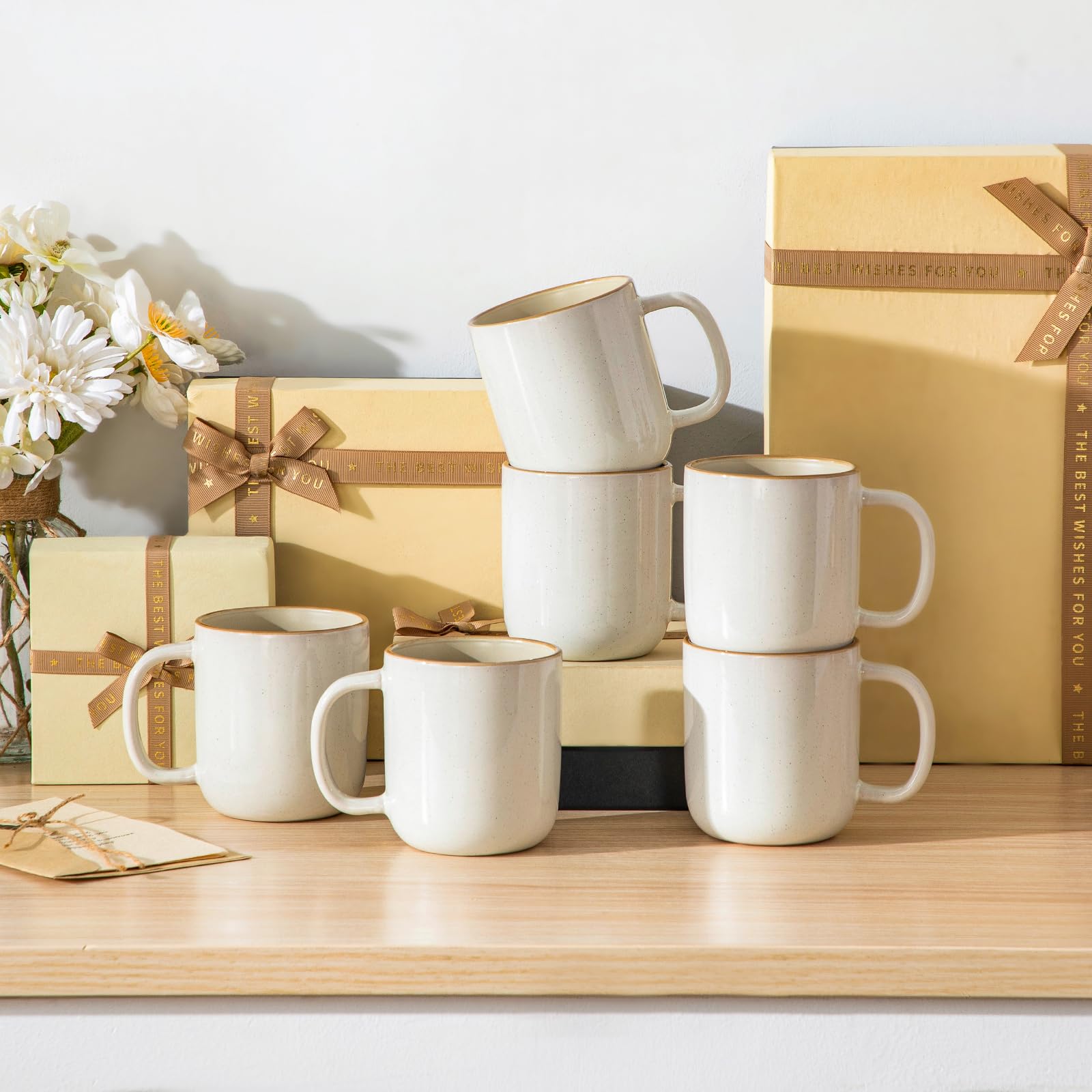 vancasso RENO - Juego de 6 Tazas de Gres Beige con Asa - 400 ml - Para Café con Leche, Té, Latte y Smoothies - Apto Lavavajillas y Microondas - Esmaltado Reactivo Claro