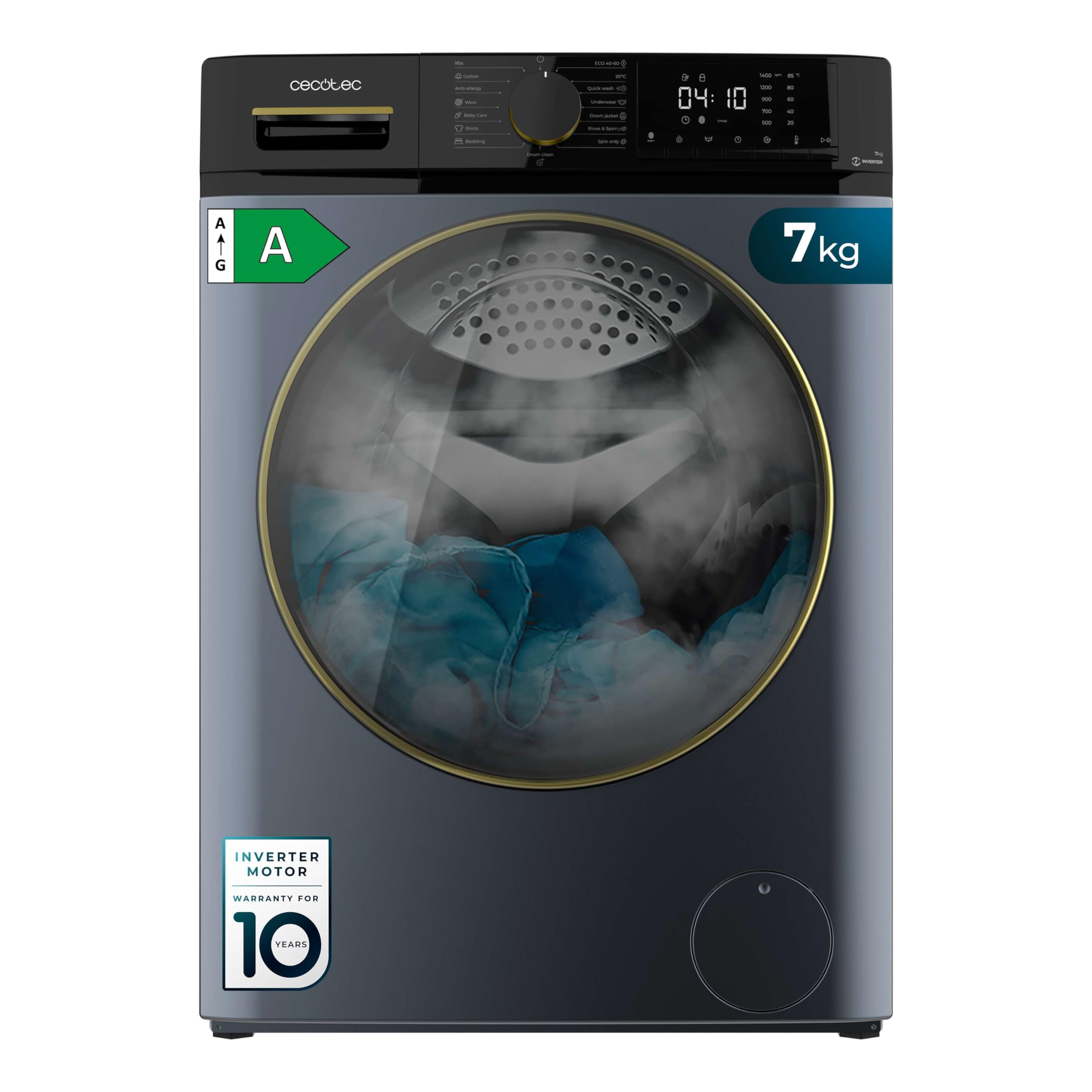 Cecotec Frontlader-Waschmaschine Bolero Dresscode 7610 Inverter Ice Blue A. Frontlader Ice Blue mit Kapazität 7 kg