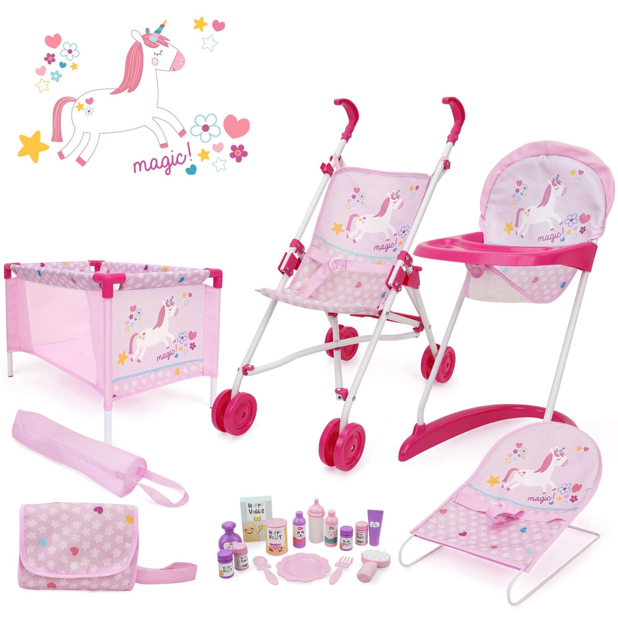 509 Crew Unicorn Pink 21-częściowy zestaw do zabawy i opieki, lalka, lalka, zestaw krzesełek, bouncer, diaper bag, akcesoria do karmienia i pielęgnacji, wiek 3+