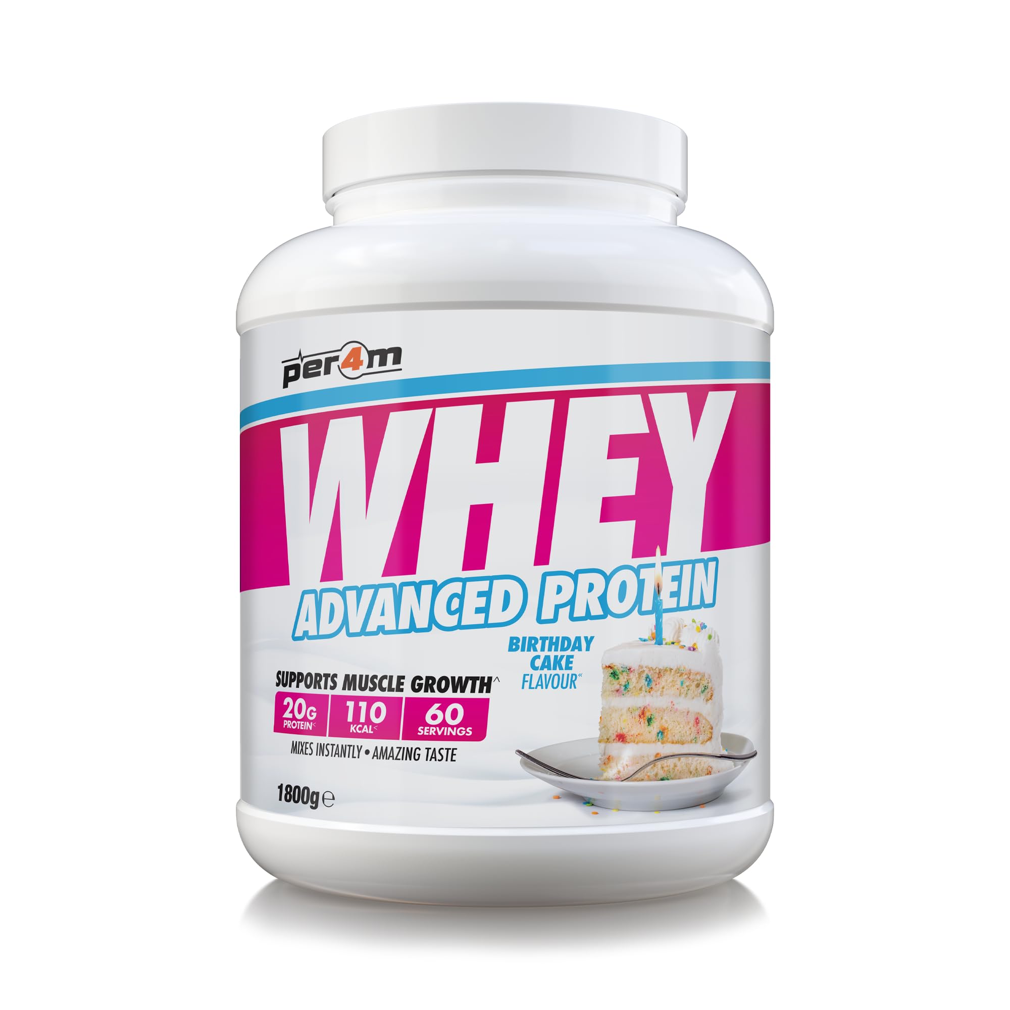 Per4m Whey Protein Powder | High Protein Shake for Muscle Growth & Recovery | Low Sugar Gym Supplement | Sports Nutrition Drink + Amino Acids (1800g, Birthday Cake)