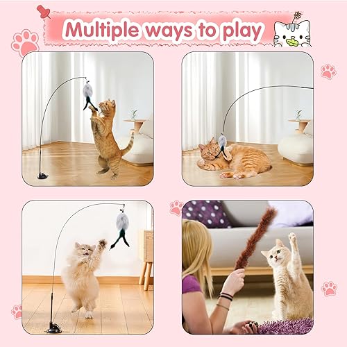 Miniatura 7 de Juguete interactivo para gatos con ventosa fuerte, juguete de plumas para gatos de interior con campana, alambre flexible y 5 plumas de repuesto,