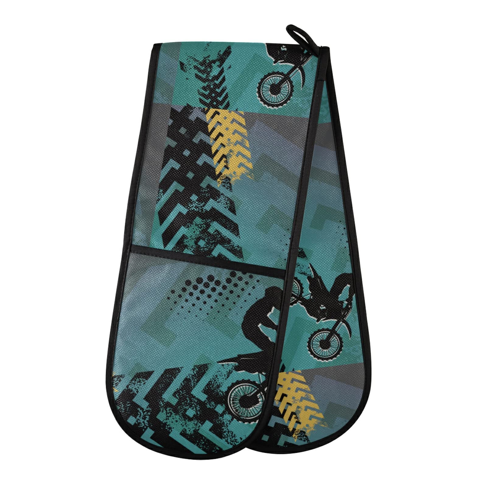 Motocross Man Riding Motor Retro Green Pattern Double Oven Mitt Gloves Extra Long Potholder High Heat Resistant for Baking Cooking Baking Grilling Handling Hots Pans 35"x7"