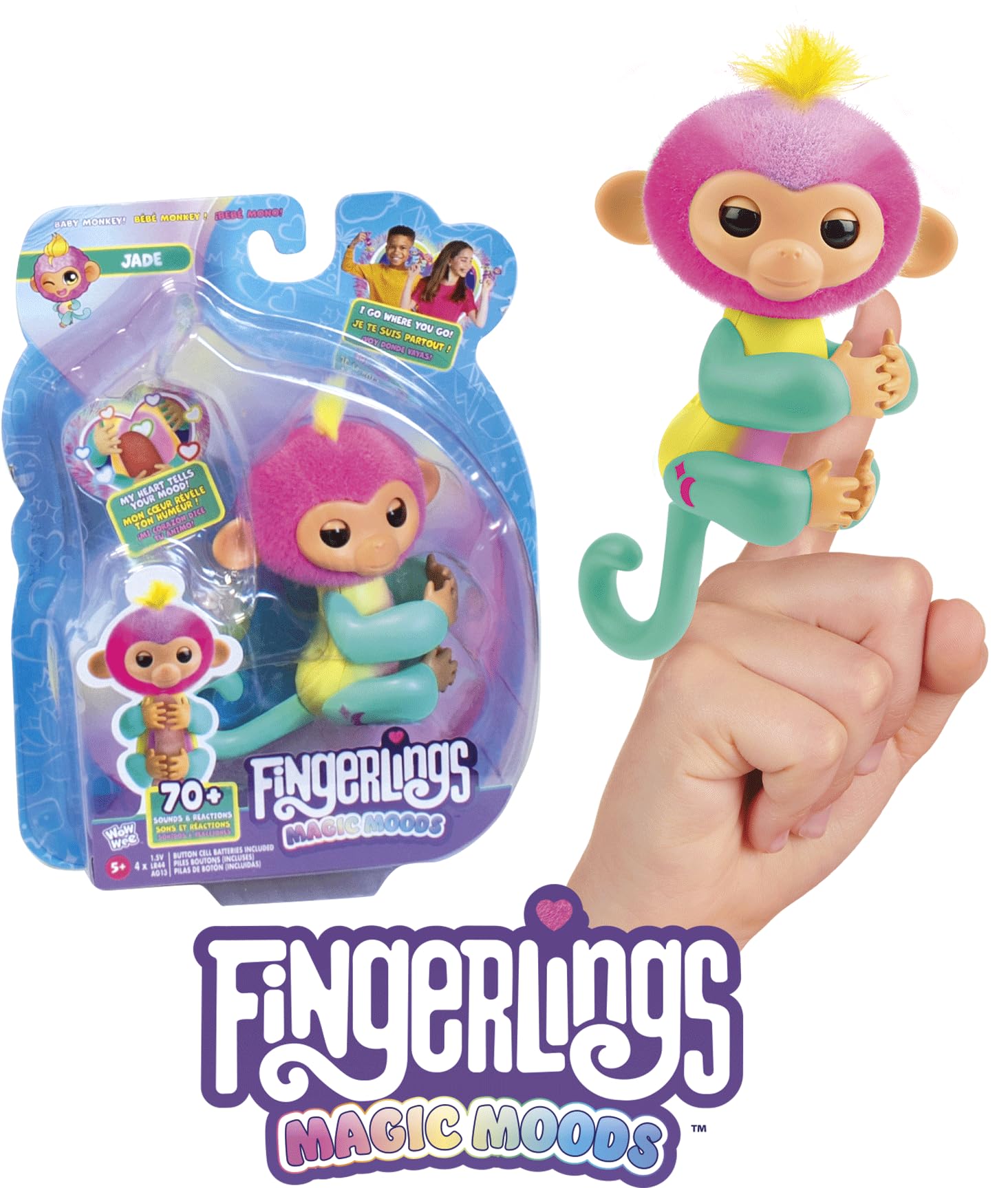 Lansay - Fingerlings – Magic Moods Jade – zawieszka Klara na palcach – jego serce świeci w zależności od nastroju – komunikuje się z 70 tonami i reakcjami – baterie w zestawie – interaktywny