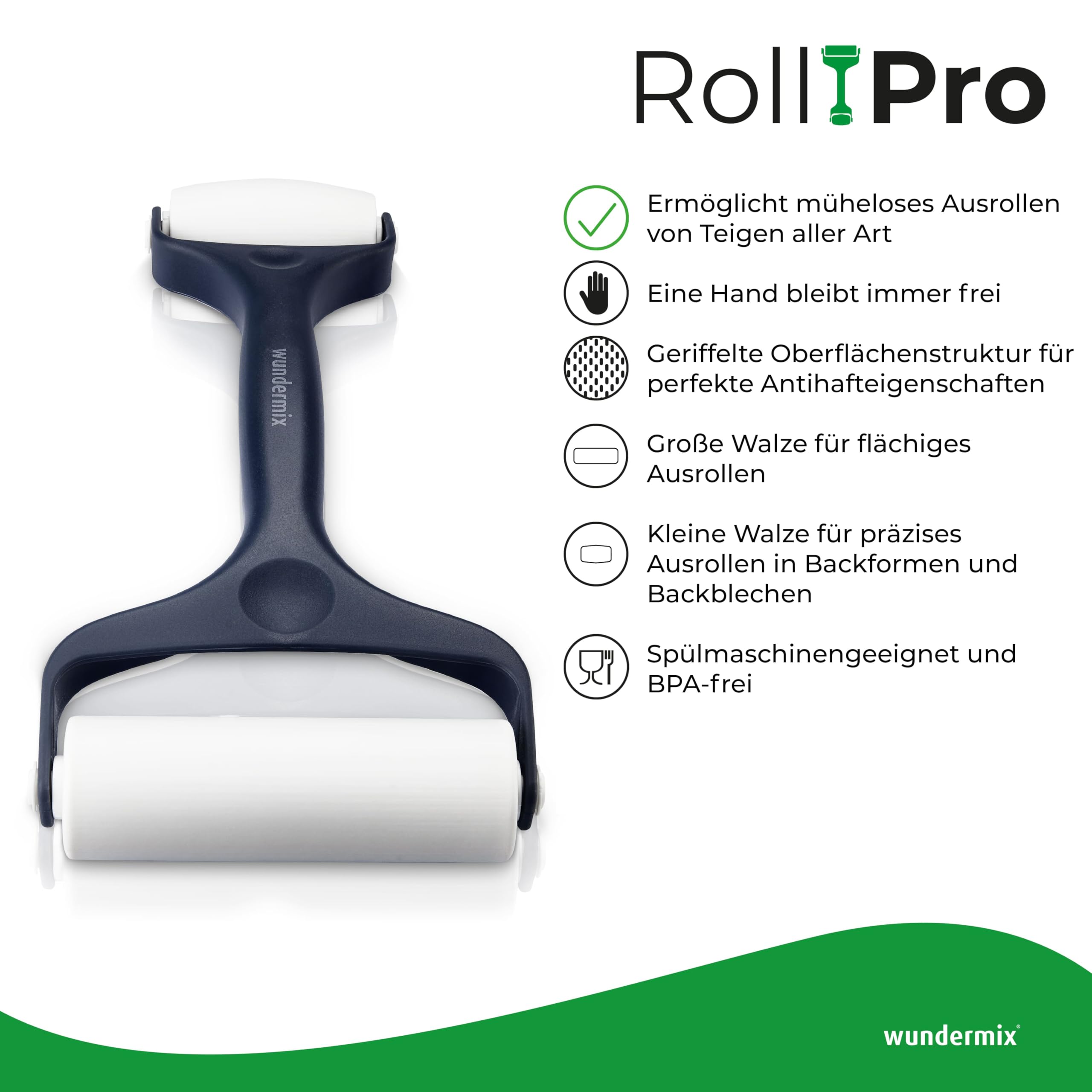 Wundermix - RollPro® Teigroller • Teigrolle mit 2 Walzen • Antihaft Nudelholz für müheloses Ausrollen von Teigen • Fondant Roller • Pizzaroller • Spülmaschinenfest • Backzubehör