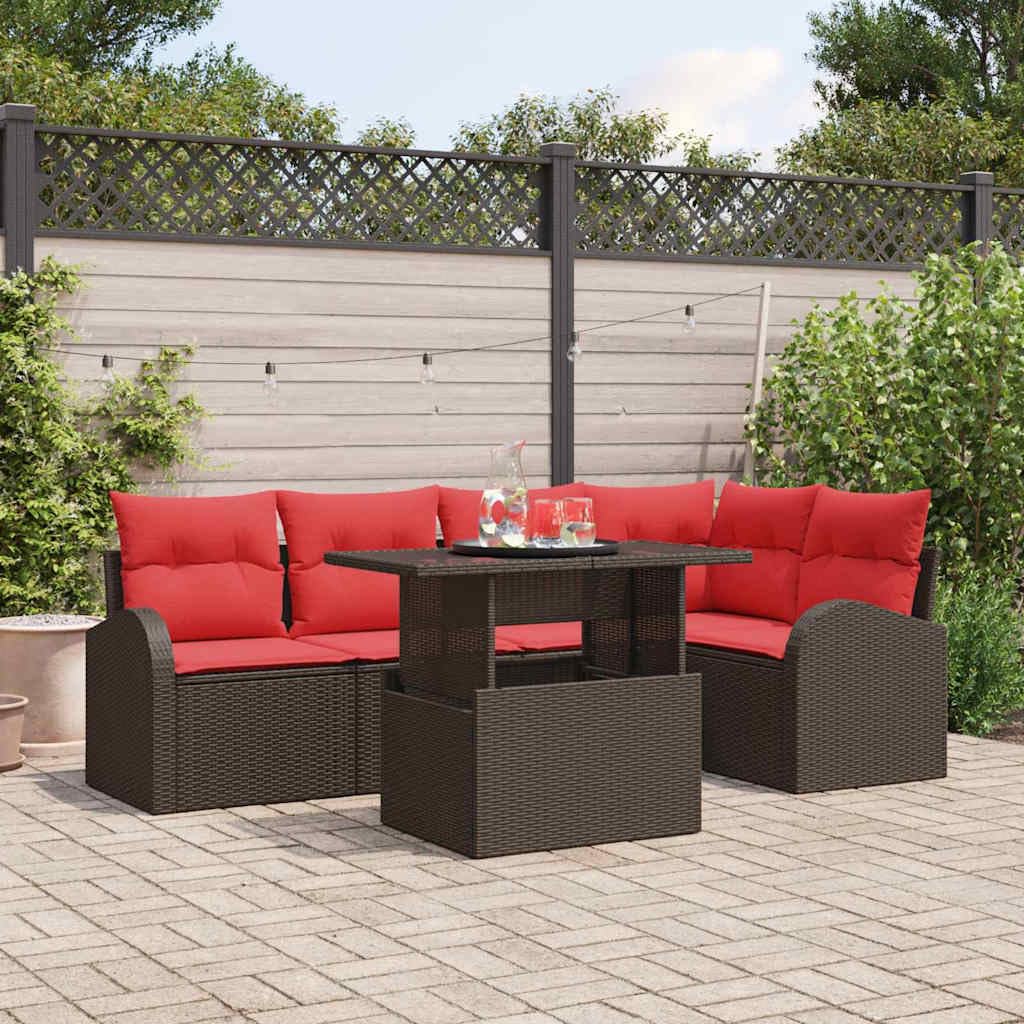 Set di divani da giardino, 6 pezzi, 5 posti, in polyrattan | Salotto modulare con vano portaoggetti integrato e cuscini rossi per giardino e terrazza.