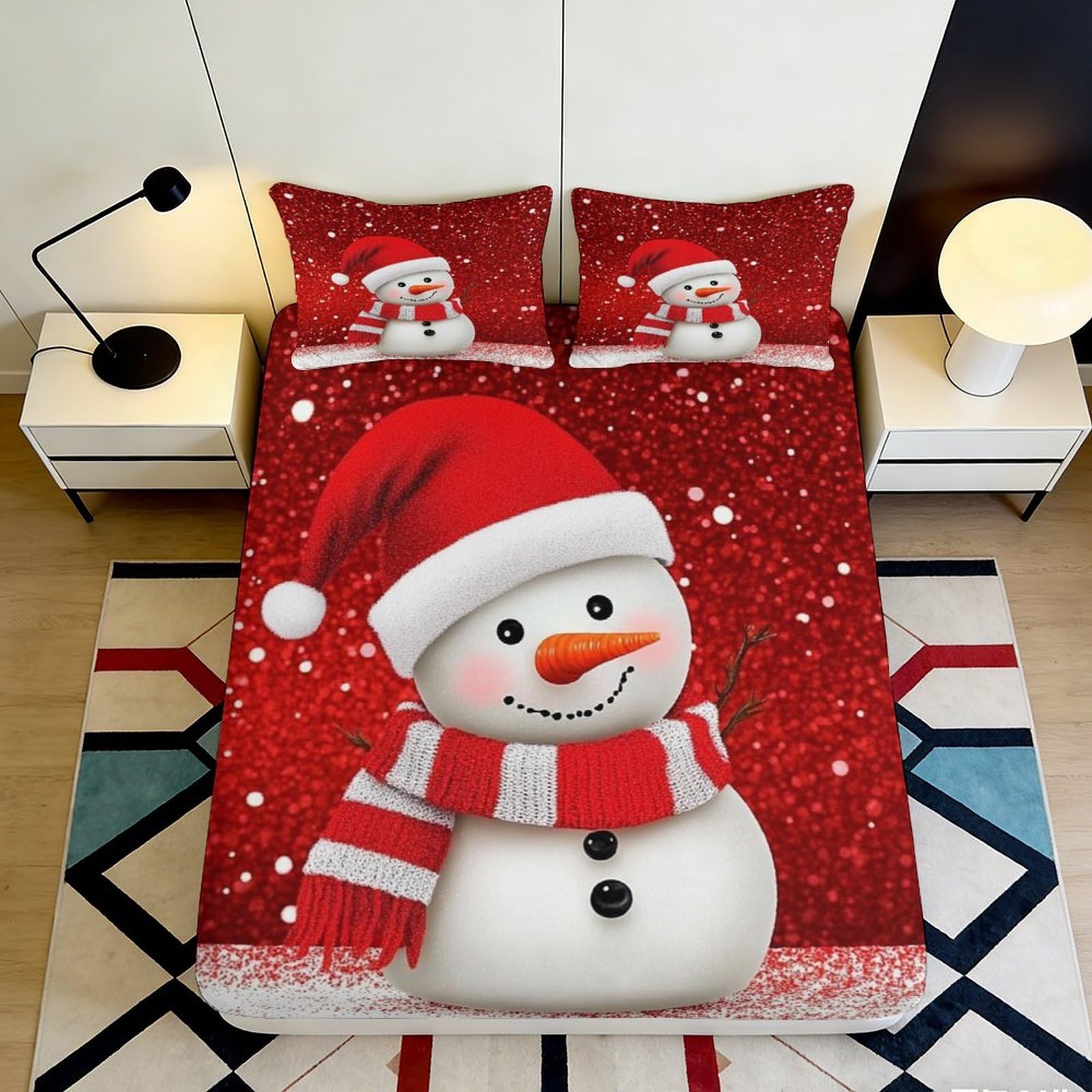 3D Printed Snowman Christmas Fitted Sheet Microfiber Red Festive Bed Cover for Bedroom Dorm Mattress Protection Decor 90x200x25cm