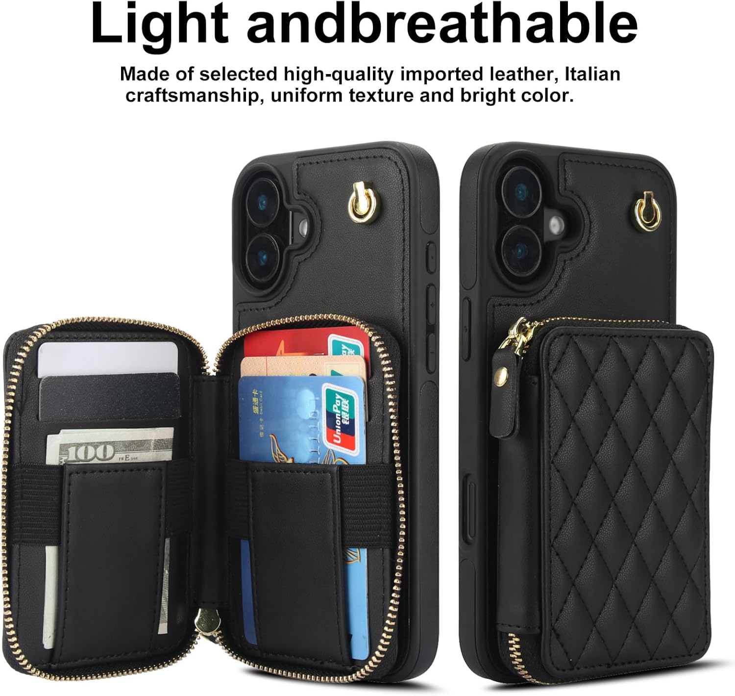 Phone Case for iPhone 16 6.1 inch Wallet Cell Cover with Tempered Glass Screen Protector Wrist Crossbody Strap Lanyard Stand RFID Blocking Credit Card Holder TPU i Phone16 i16 16Case Women Girls Black