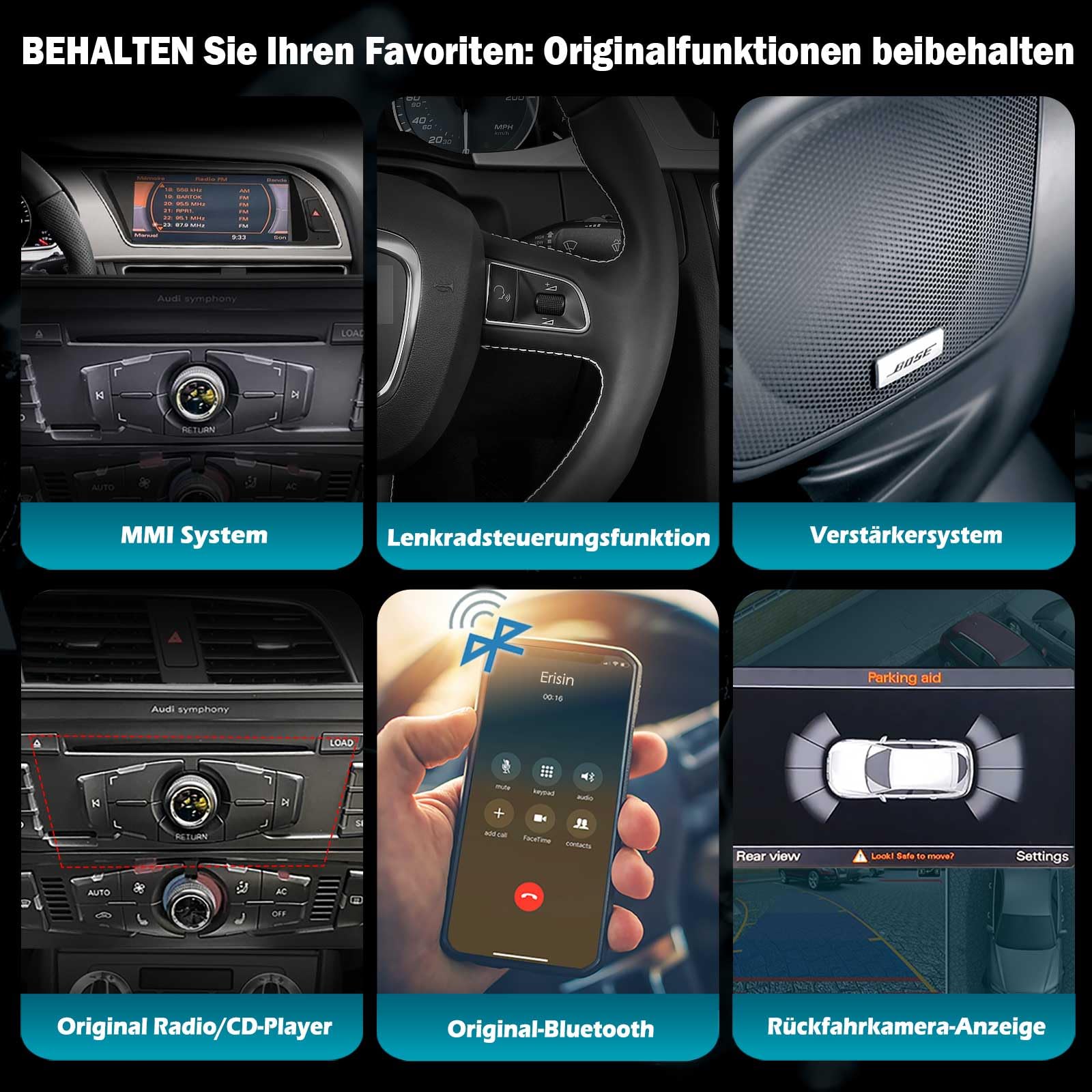 Erisin 8.8 Pulgadas 8-Core 4GB+64GB Android 14 Radio Coche Bluetooth GPS Navegador para Audi A5/S5/RS5 2009-2016 Soporte CarPlay Android Auto Pantalla IPS USB DVR DSP WiFi Dab+ 4G OEM MMI Canbus SWC