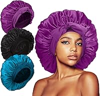 Vista 21 de 3 gorros para dormir, gorro de seda extra satinado para mujeres que duermen con banda de amarre para cabello rizado, trenzas de capó jumbo