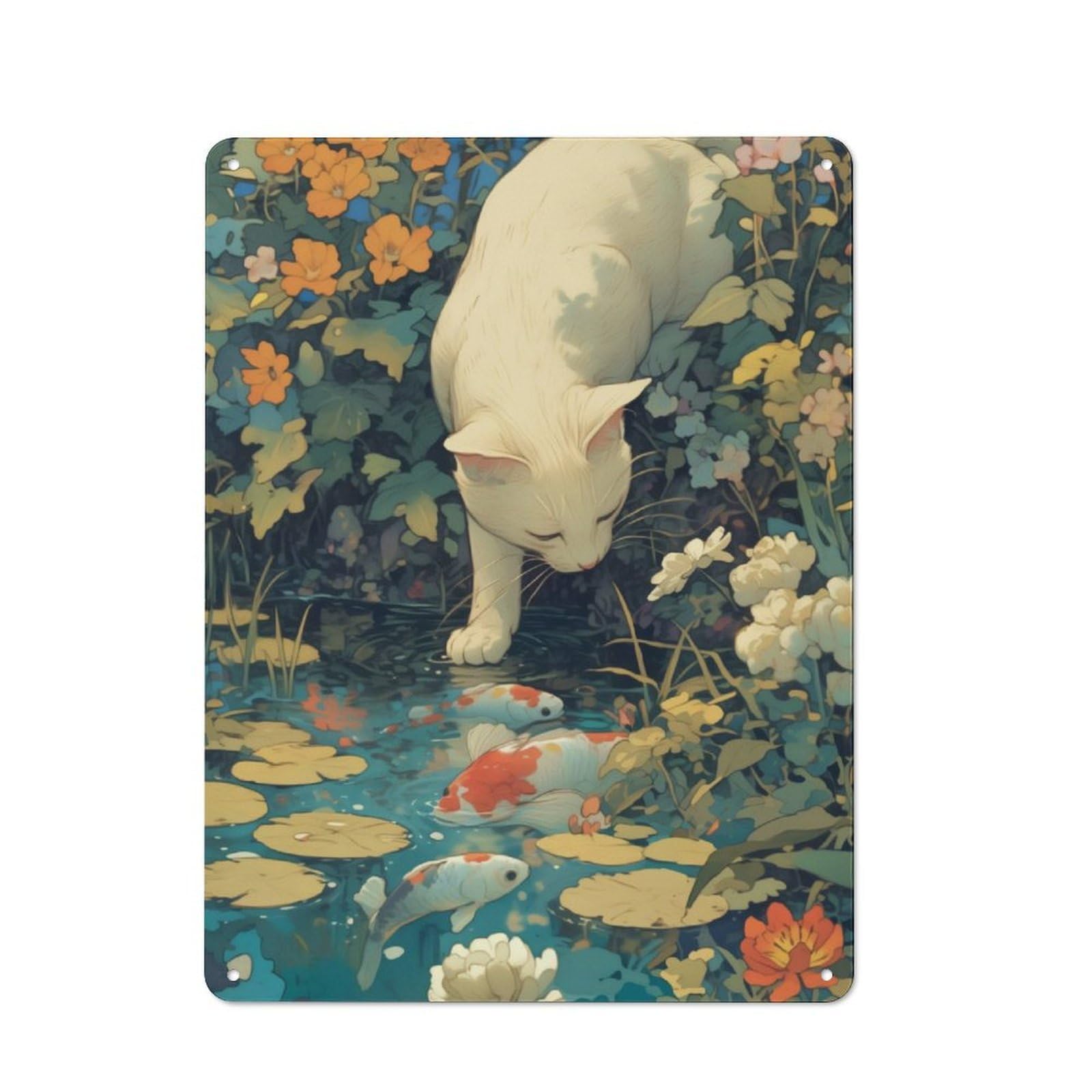 Junmoney Cat By The Koi Fish Pond Retro Vintage Metal Sign 40X30cm, Restaurant Wall Art For Coffee Bar, Small Shop Or Dining Room