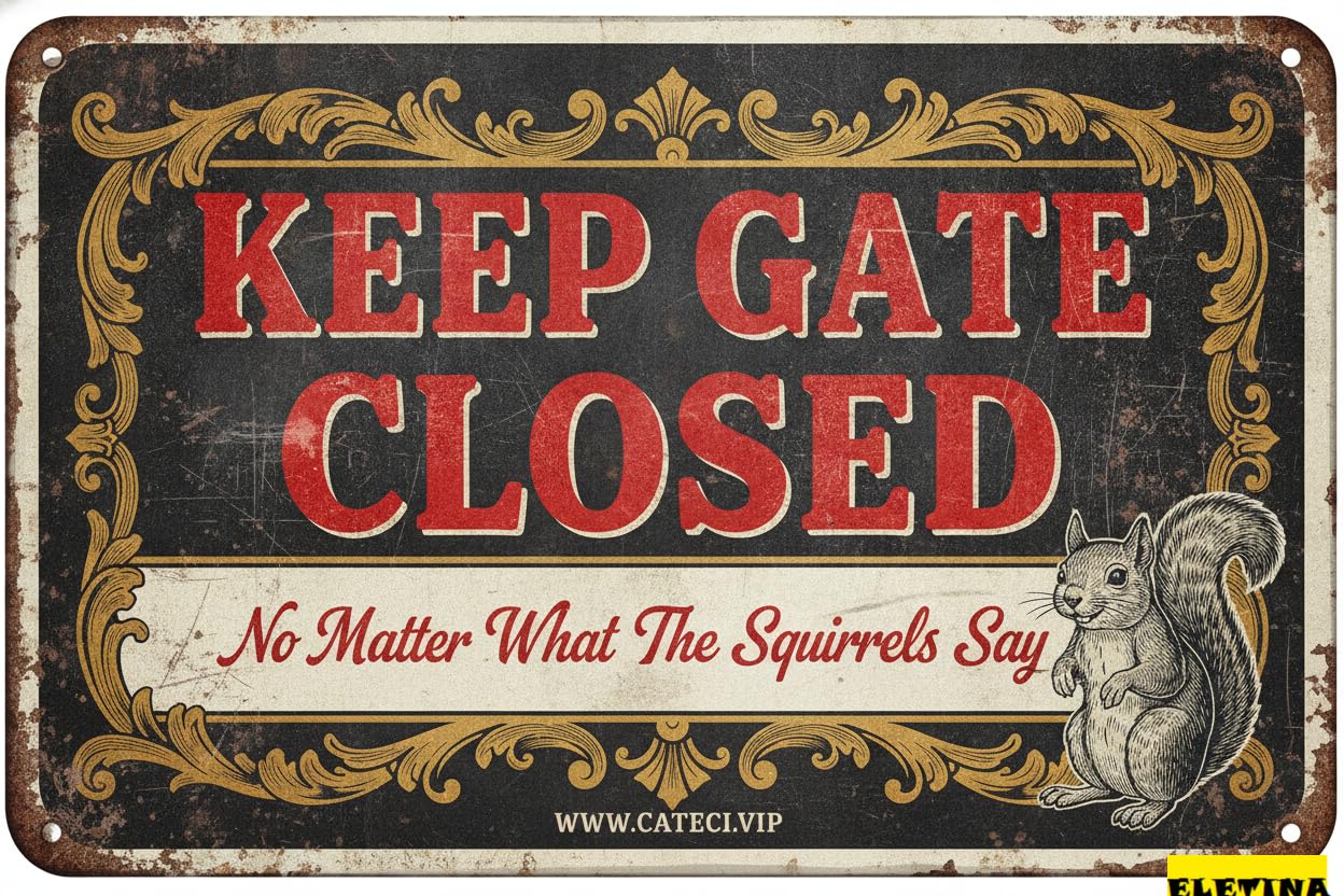 Keep Gate Closed Squirrels Say Tin Sign, 8x12 Inch