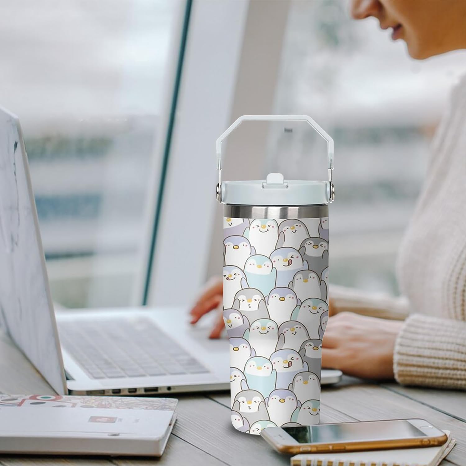 30 oz Cute Penguin Tumbler with Handle and Flip Straw, Stainless Steel Insulated Cup with Lid and Straw,Travel Coffee Mug Water Bottle,Christmas Birthday Mothers Day Gifts for Women Animal Lovers - Image 5