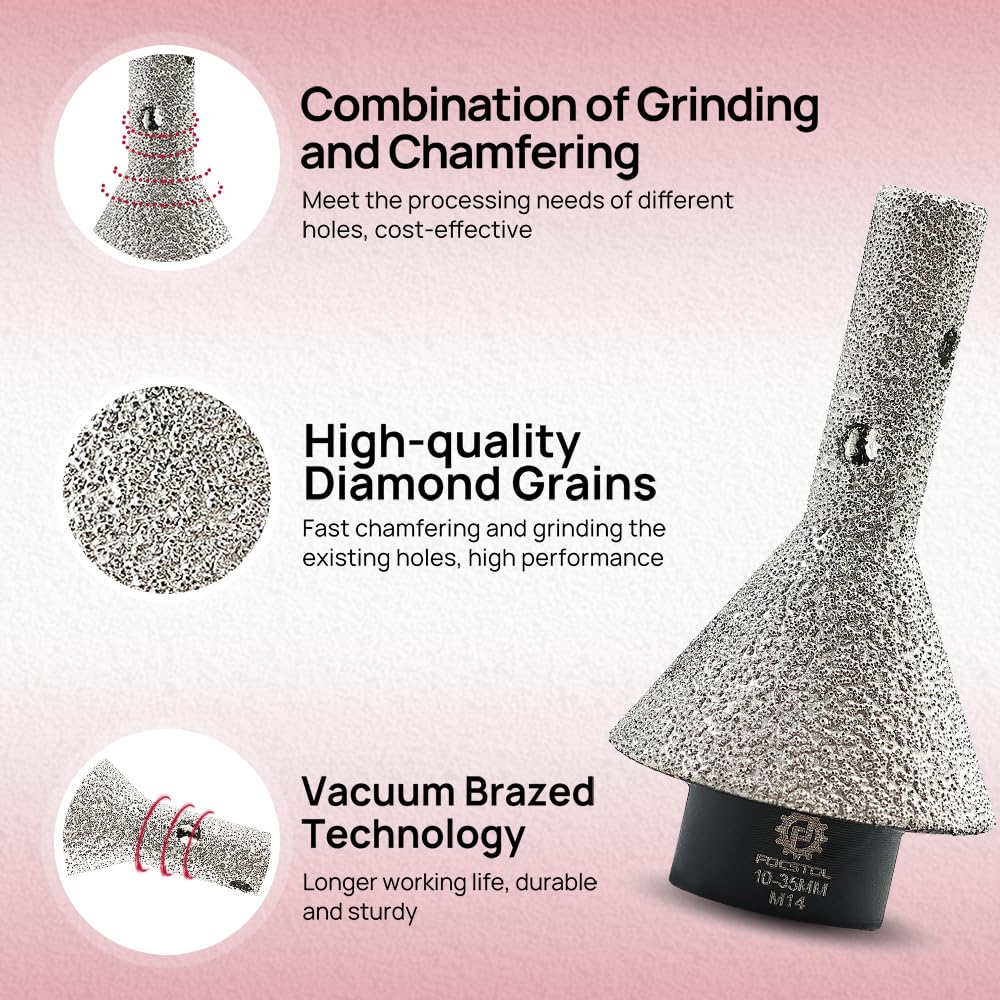 FOCSTOL Fresa Diamantata - 20-50mm Punte per Smusso Diamantata per Piastrelle Porcellanato Ceramica Marmo Granito M14 Filettatura