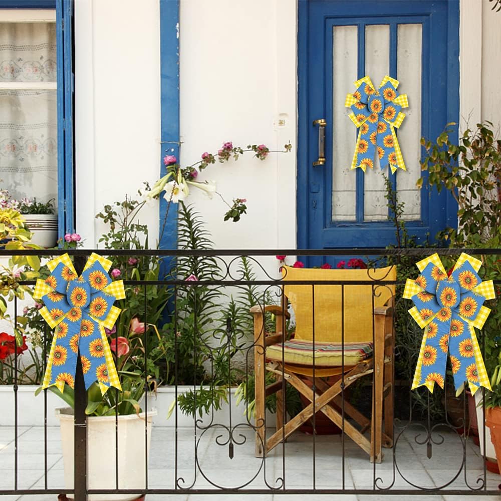 2 Pieces Spring Sunflowers Bows for Wreath, Summer Wreath Bows Yellow White Buffalo Plaid Bows Blue Burlap Bows Holiday Craft Bows for Front Door Birthday Party Farmhouse Decorations - Image 4