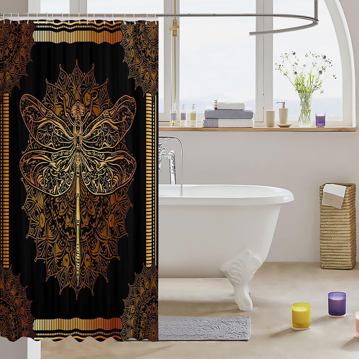 Erosebridal Chic Dragonfly Bath Curtain Bohemian Mandala Shower Curtain for Teens Adults Boho Hippie Bathroom Curtain Abstract Flower Bath Curtain Trippy Paisley Shower Curtain, Black Yellow