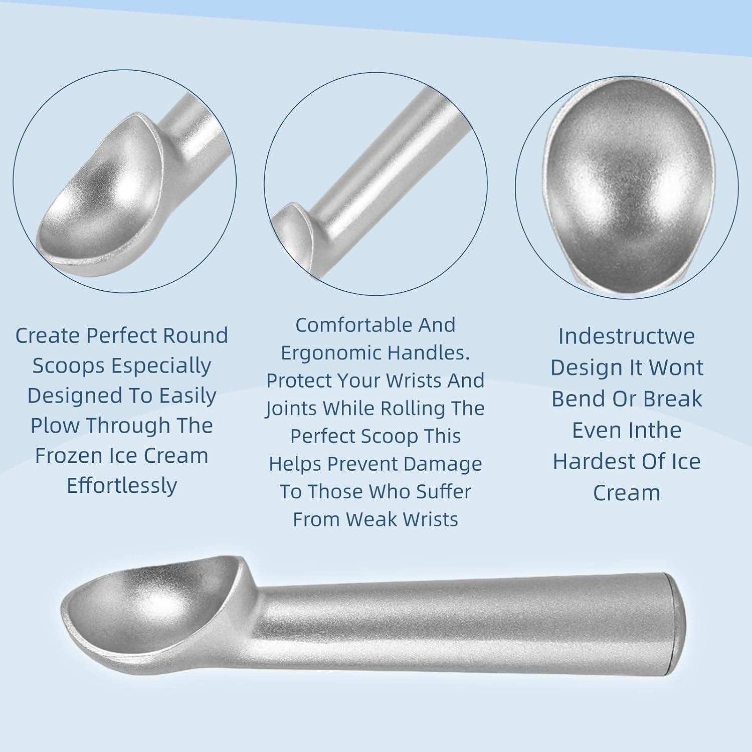 Ice Cream Scoop - Nonstick Anti Freeze Ice Cream Scoop Spoon, 7 inches Kitchen Tool for Gelato, Cookie Dough, Sorbet (Matte Silver)