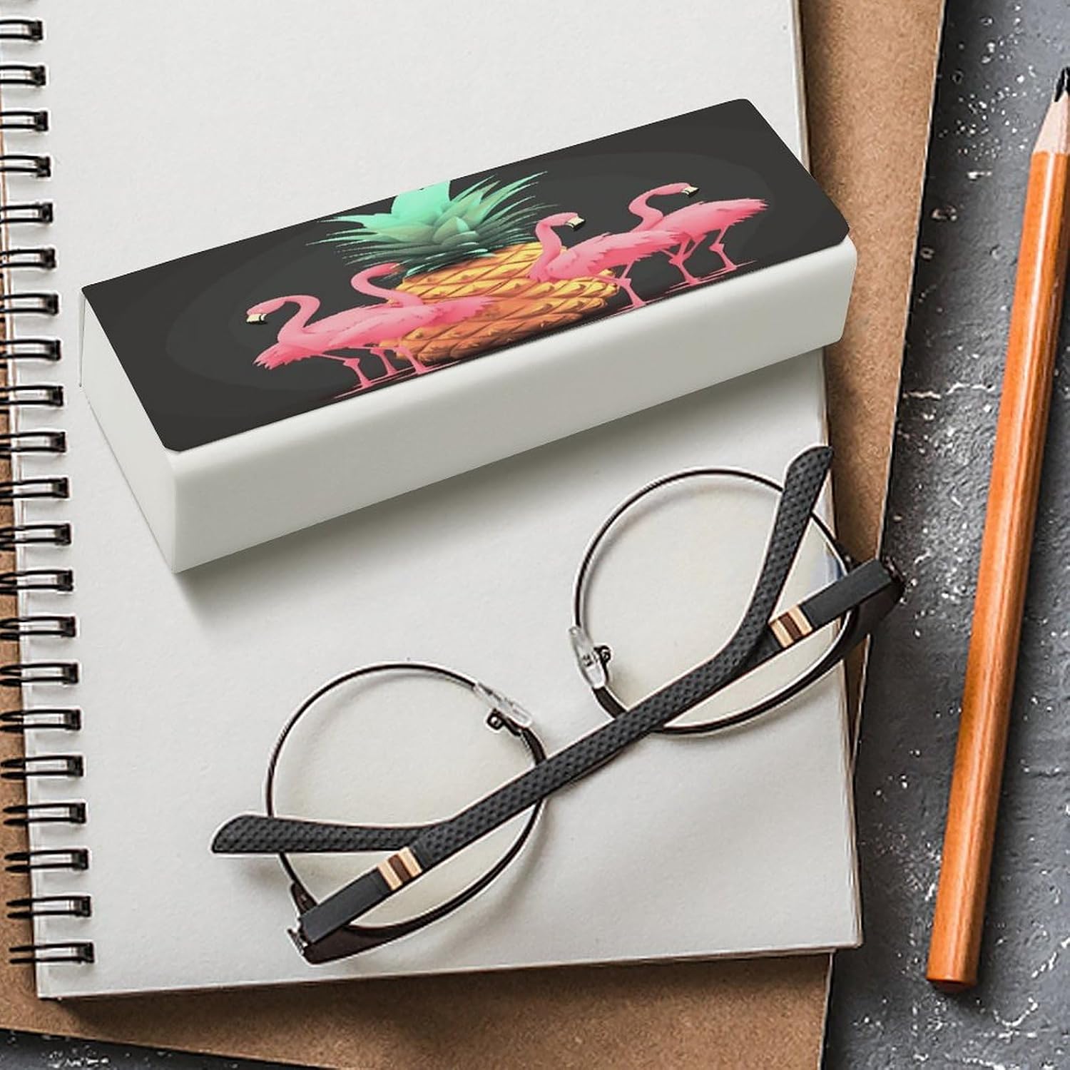 Pineapple Flamingos Glasses Case Fashion Portable Hard Shell Eyeglasses Case Travel Sunglasses Case with Cleaning Cloth Premium PU Leather Eyeglass Holder for Women Men image 4