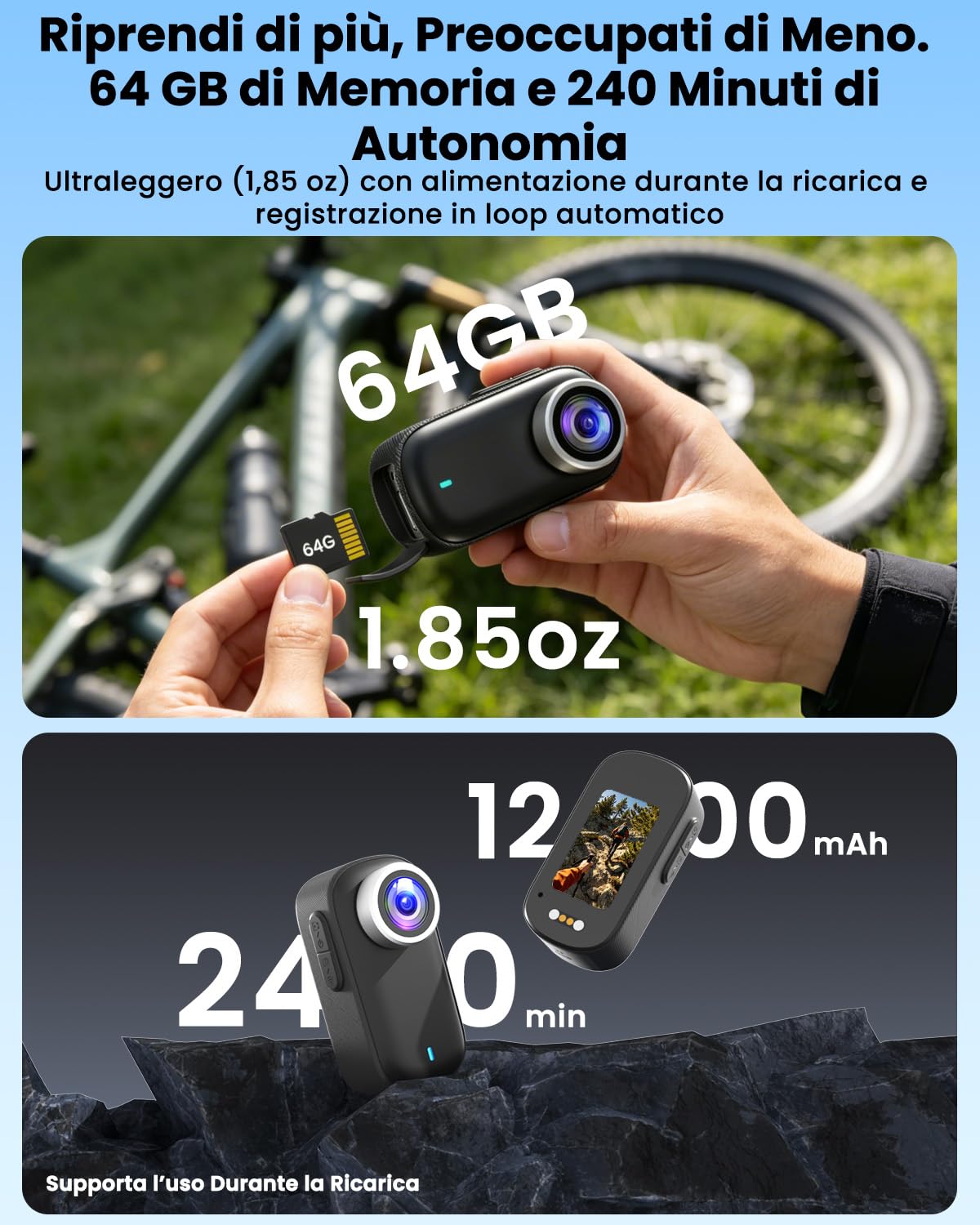 Action Cam, Body Cam 4K 64 GB, Mini Action Cam, Telecamera Moto con Batteria da 1200 mAh(240min), Mini Camera Impermeabile IP65, Compatta Telecamera per Moto Vlogging