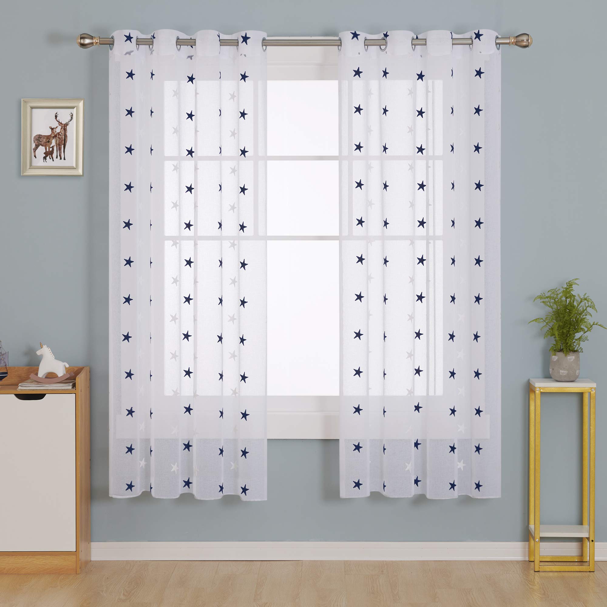 Deconovo Linen Look Embroidered Voile Curtains Star Pattern Sheer Curtains for Livingroom 140x180cm Navy Blue Star Two Panels — image 1