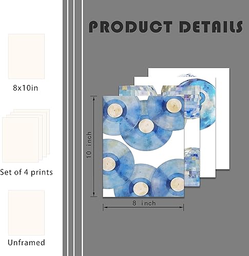 Miniatura 5 de AgriFusion Tech Juego de arte de pared retro azul para pared, juego de 4 pósteres de disco de vinilo y bola de discoteca, decoración musical de los