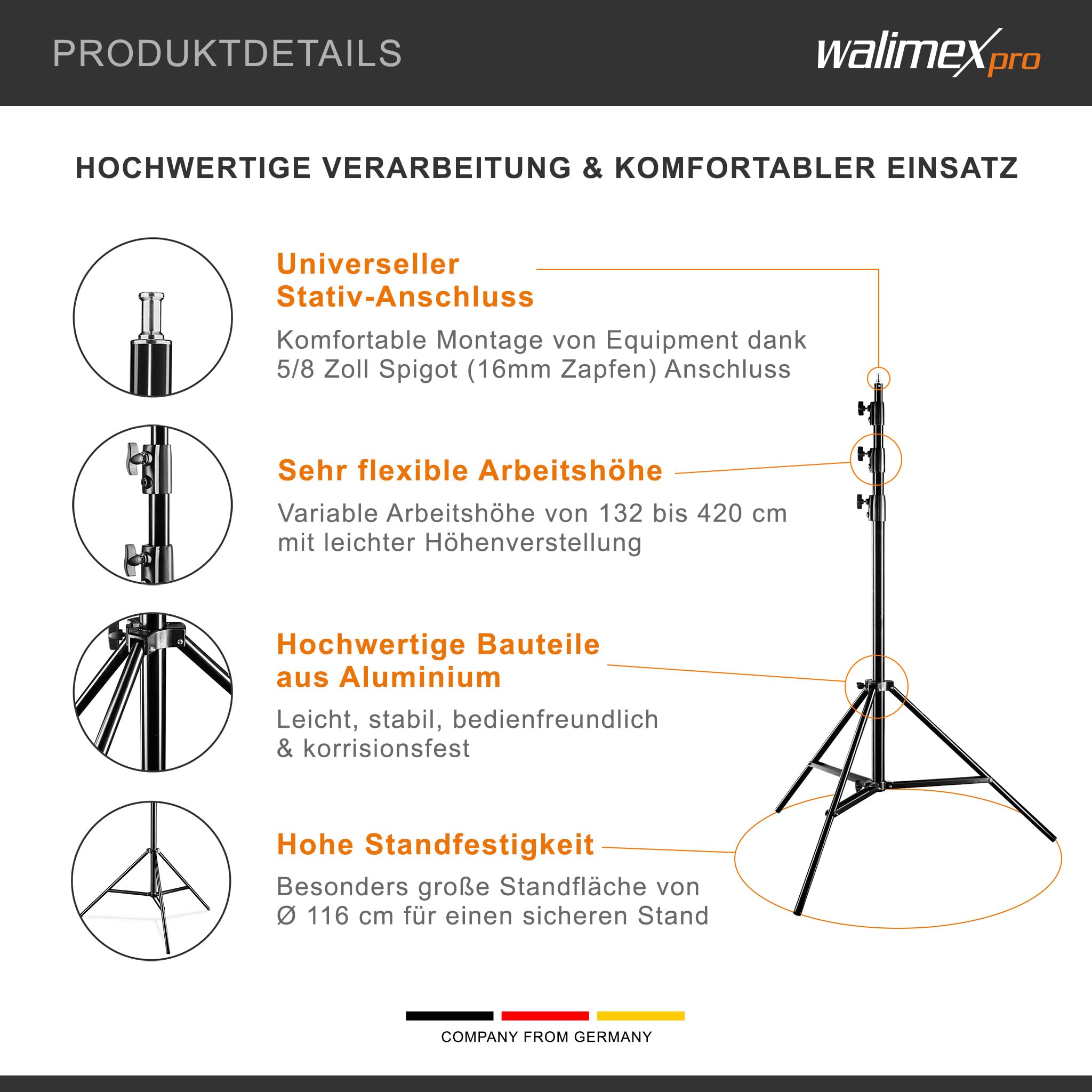 Walimex pro WT-420 Lampenstativ 420 cm, höhenverstellbares Lichtstativ belastbar bis 7,5 kg, Blitzstativ mit 5/8 Zoll Spigot, Studiostativ mit Federdämpfung