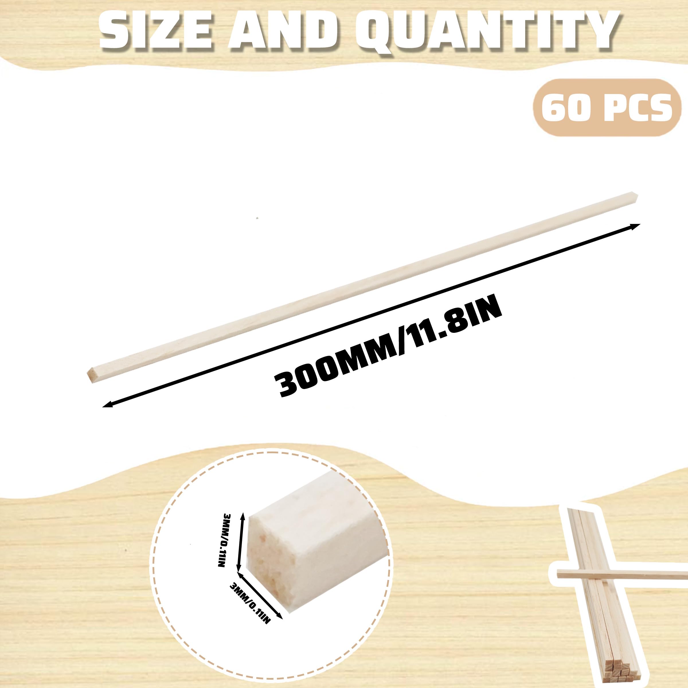 Balsa Wood Dowel Rods - 60 Pack for Crafts & Models -2