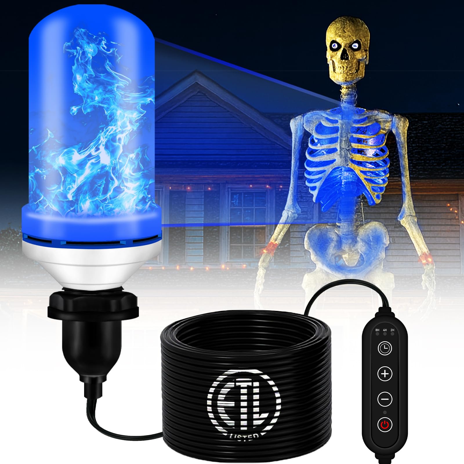 LED Blue Flame Light Bulb For Giant Skeletons - 19.7ft Cord, 4 Lighting Modes