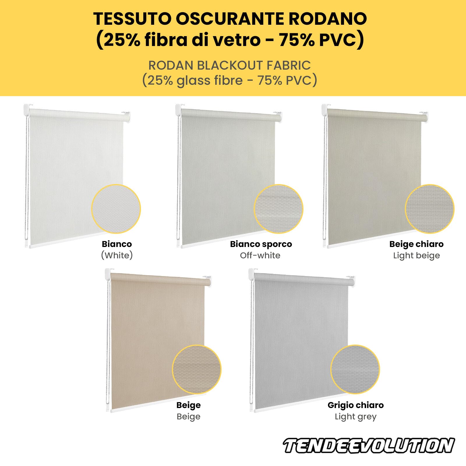 TENDEEVOLUTION - Tenda a Rullo Oscurante Mod. Rodano con Telo in PVC. Misura e Colori Personalizzabili, Manuale o Motorizzata. Tende a Rullo per Interni Oscuranti a Soffitto o Parete