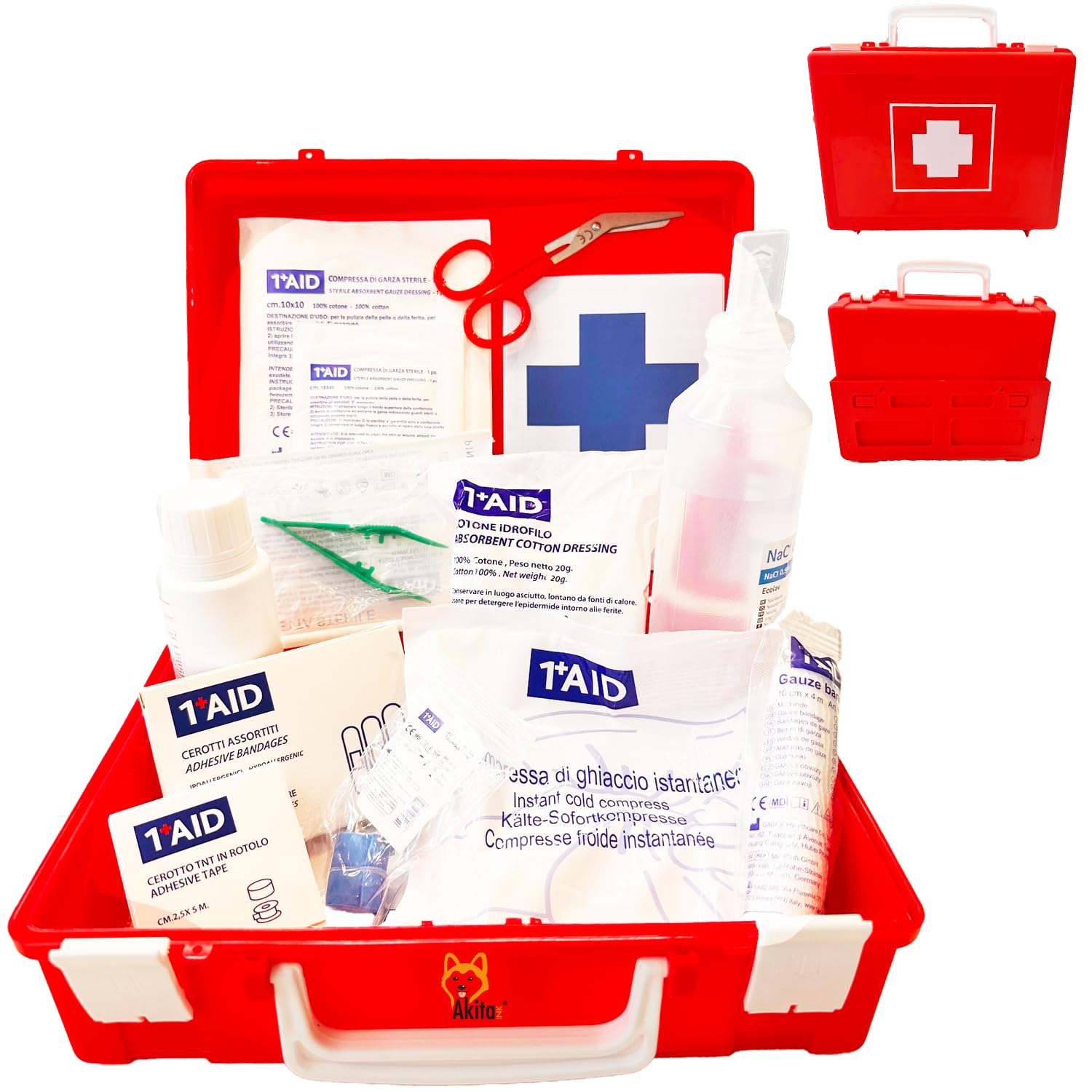 Akitaink Cassetta medica pronto soccorso con ALLEGATO 2 per aziende meno 3 dipendenti completa di staffa a muro, Conforme DM388/DL81, Made in Italy