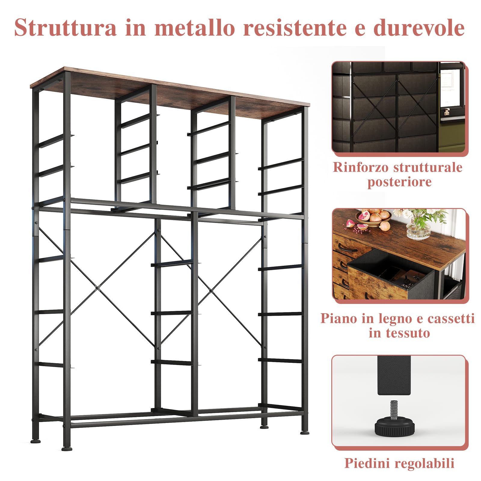 CAIYUN Cassettiera con 18 cassetti in tessuto, cassettiera in tessuto, per camera da letto, soggiorno, armadietto portaoggetti, con robusto telaio in acciaio, piano in legno (marrone vintage)