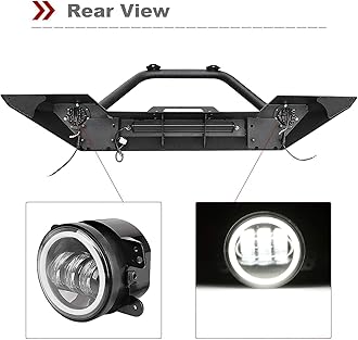 LEDKINGDOMUS Front& Rear Bumper Compatible with 07-18 Jeep Wrangler JK& Unlimited, Built-in 90W LED Light Bar w/ 2 60W Fog Light, Winch Plate and D-rings Rear Bumper w/ 2 LED & Hitch Receiver