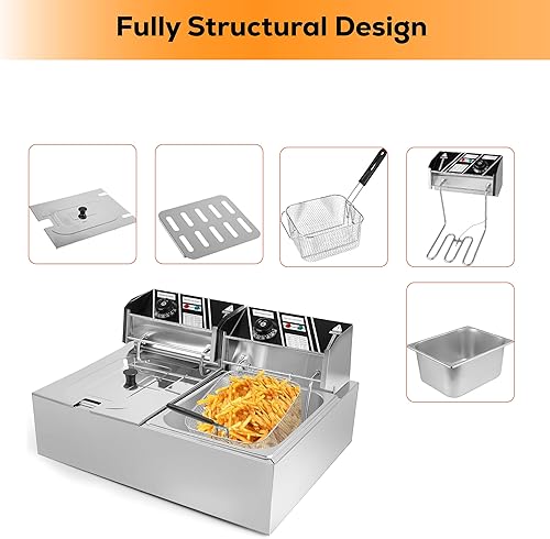 Miniatura 6 de Freidora eléctrica de 12 litros con cestas dobles y tapas, freidora comercial de acero inoxidable de doble tanque de 5000 W con control de