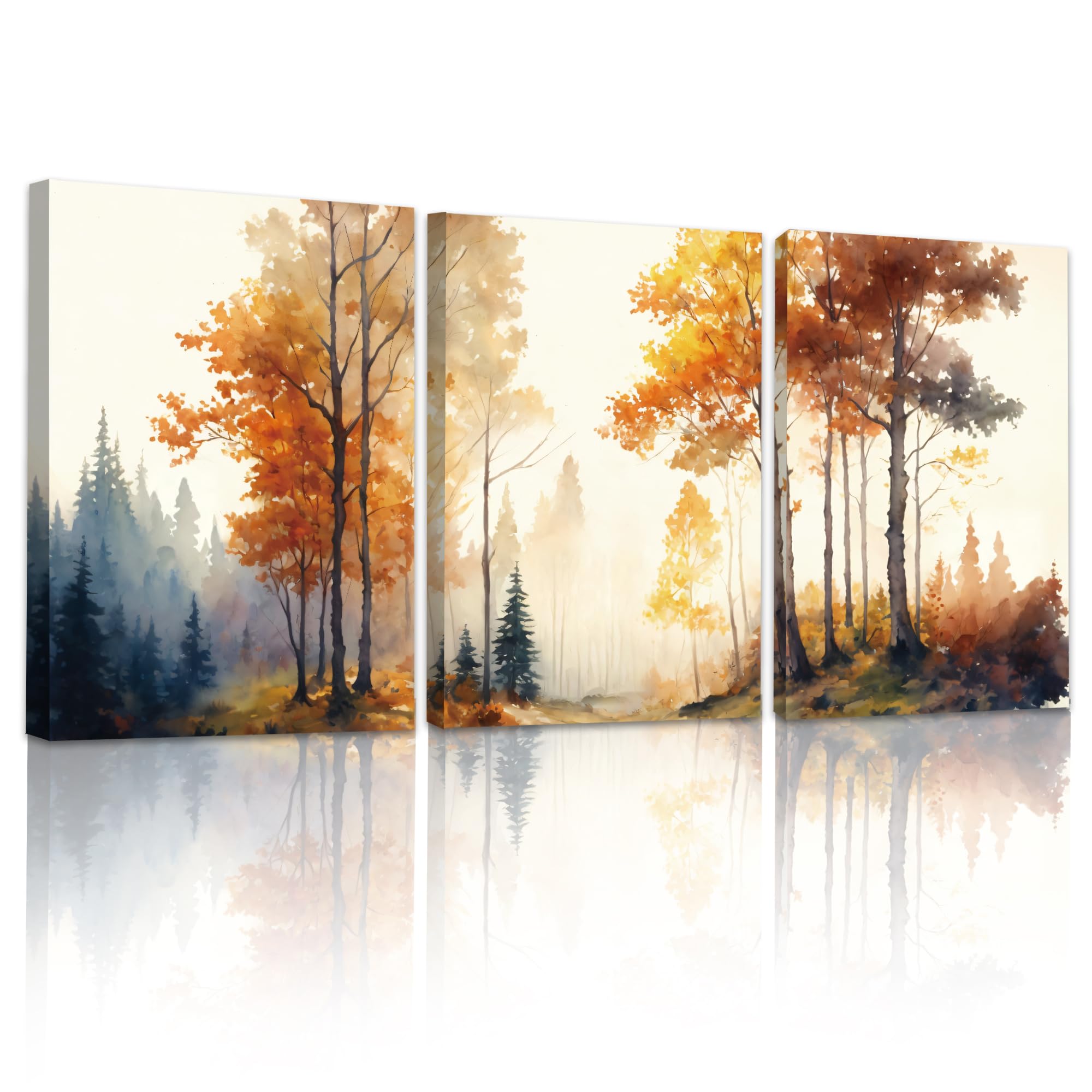 MHARTK66 Cuadros Decoracion Salon Oro 3 Piezas, Paisaje Otoño Laminas Decorativas Pared Dormitorios, Lienzos Decorativos Pared Bosque Brumoso, Amarillo Modernos Wall Art Comedor Pasillo Baño