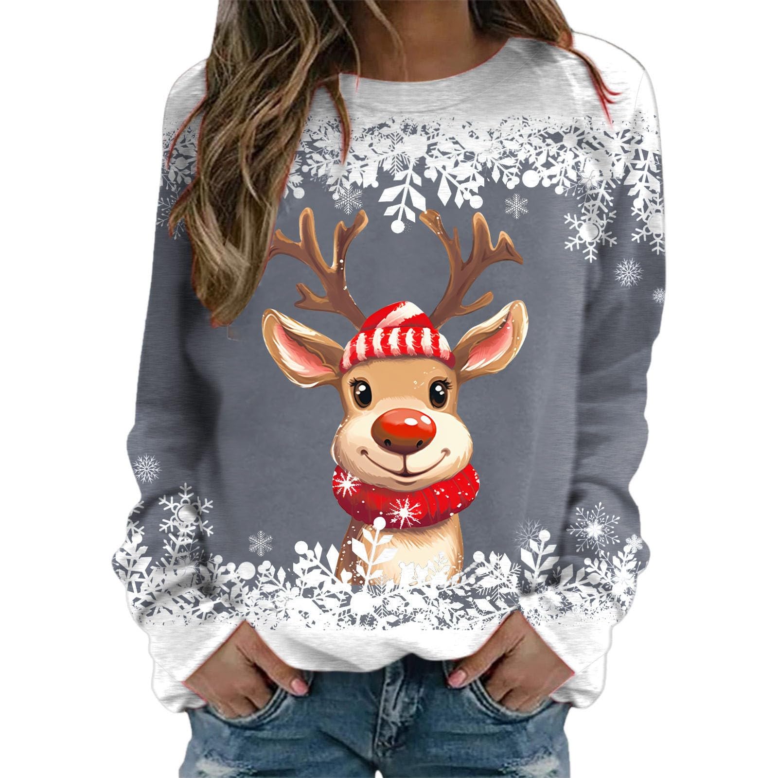 Pull De Noël Femme à Motifs Rennes - Col Rond - Manches Longues - Tissu Doux Et Lavable - Pour Fêtes Et Quotidien