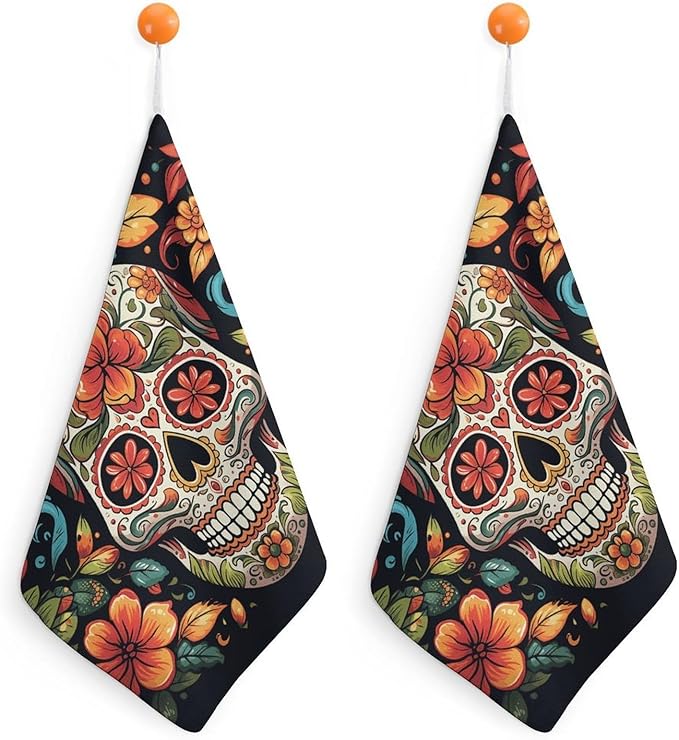 Colorful Sugar Skull Hand Towels for Bathroom - 2PCS Kitchen Towels Super Absorbent & Fast Drying Dish Towels Microfiber Cleaning Rags with Hanging Loop - Kitchen Bathroom Essentials